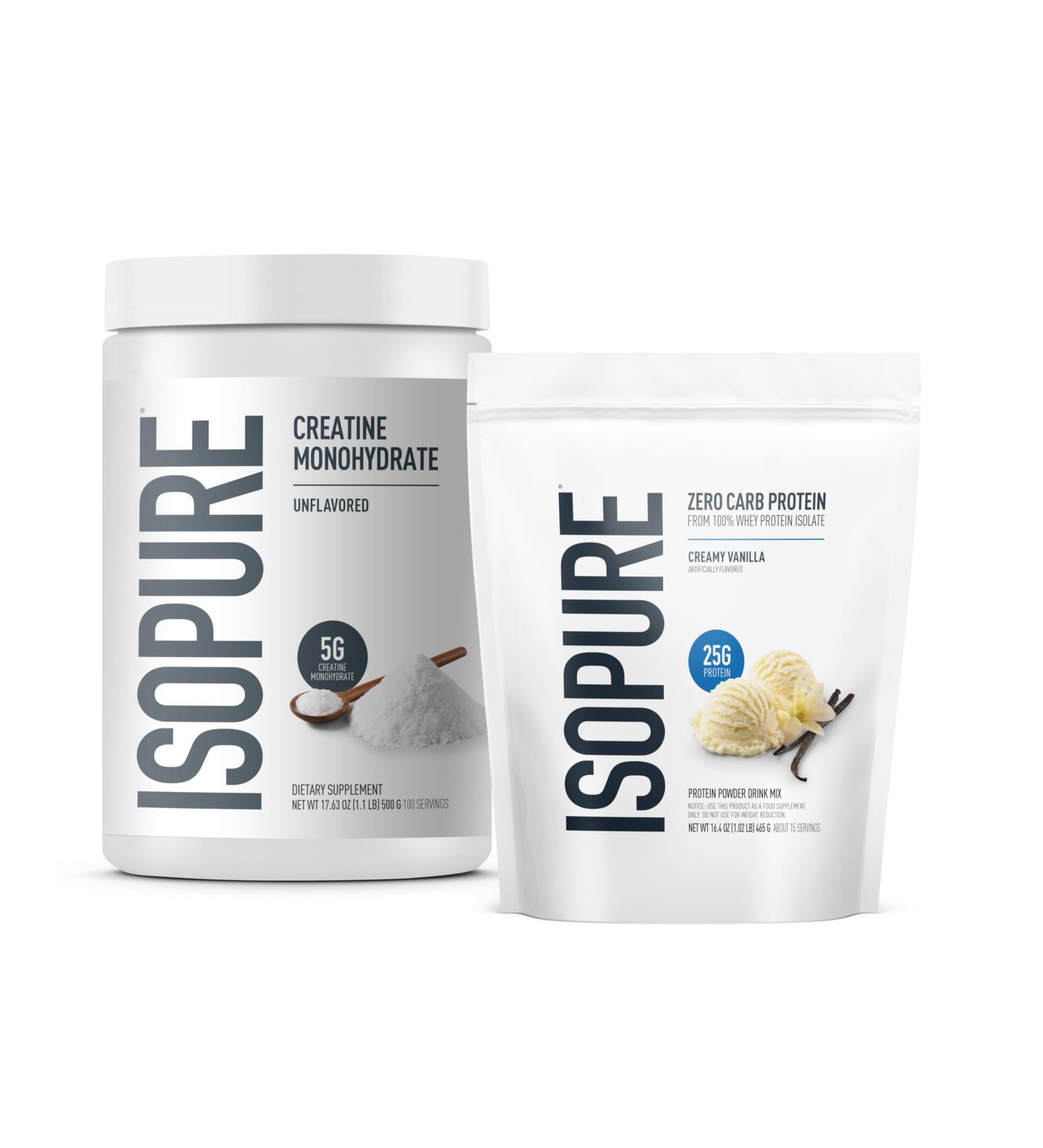Isopure Bundle of Zero Carb 100% Pure Whey Isolate Protein Powder Creamy Vanilla 25g Protein Per Serving 1 Lb 14 Servings + Isopure 100% Pure Creatine Monohydrate Powder 100 Servings - Buy Online on GoSupps.com