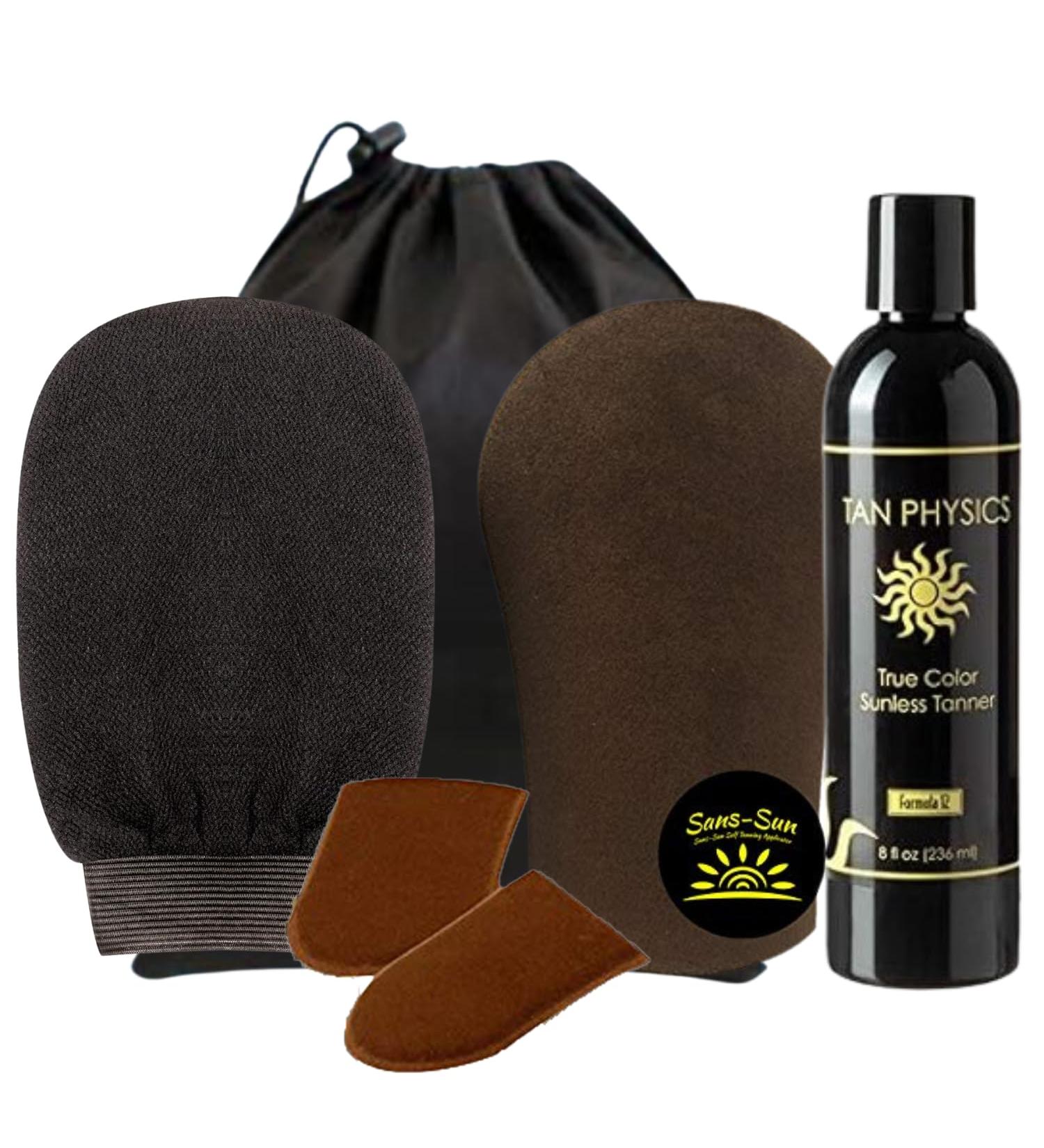 Tan Physics Self Tanner 8 Fl Oz - Includes Face & Body Mitts Black Exfoliation Gloves Travel Bag | True Color Sunless Tanner - 6 Piece Set - Buy Online on GoSupps.com