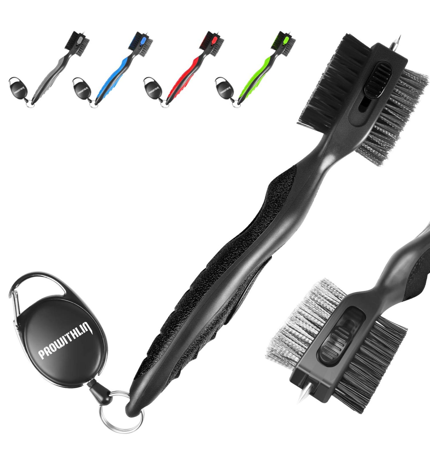 Golf Club Brush & Groove Cleaner 2-in-1 | Retractable Zip-line & Sharp Pick | Metal Buckle | Nylon & Wire Bristles | Black Upgraded - Buy Online on GoSupps.com