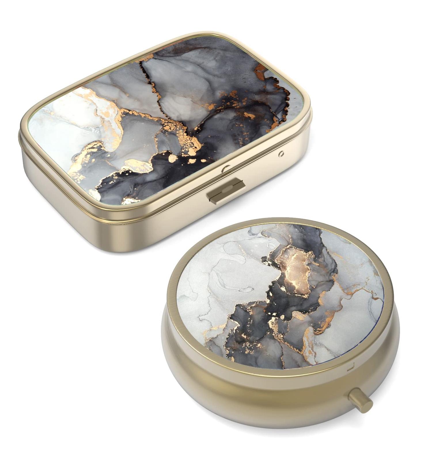 Retro Small Pill Box with Mirror - Travel-Friendly Bronze Case for Vitamins & Supplements - 2 Piece Black Gold Marble Set - Buy Online on GoSupps.com