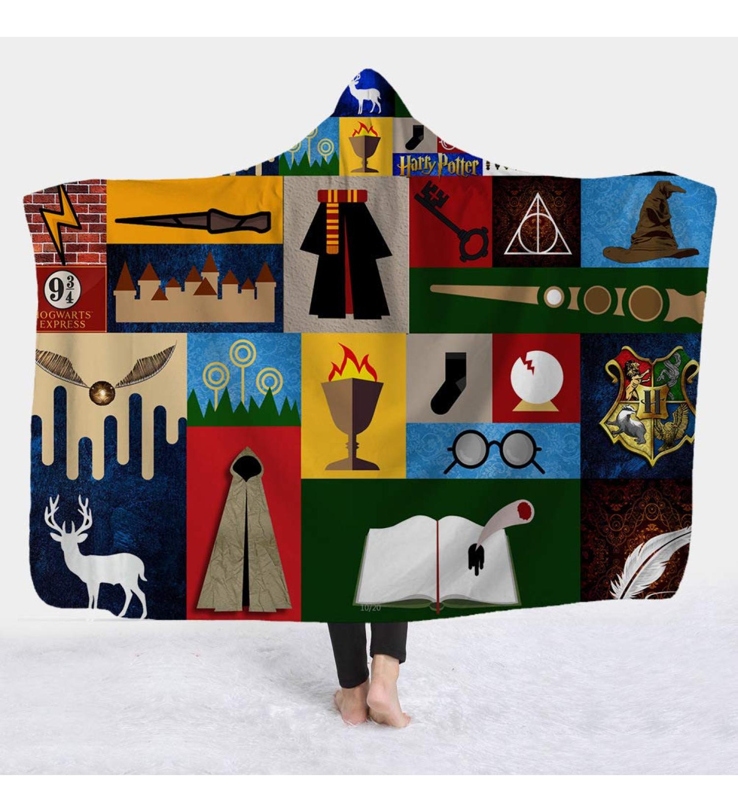 Harry Potter Hooded Blanket - Plush Gryffindor Slytherin Ravenclaw Hufflepuff | Warm Bed Linen (150 x 200 cm) - Buy Online on GoSupps.com