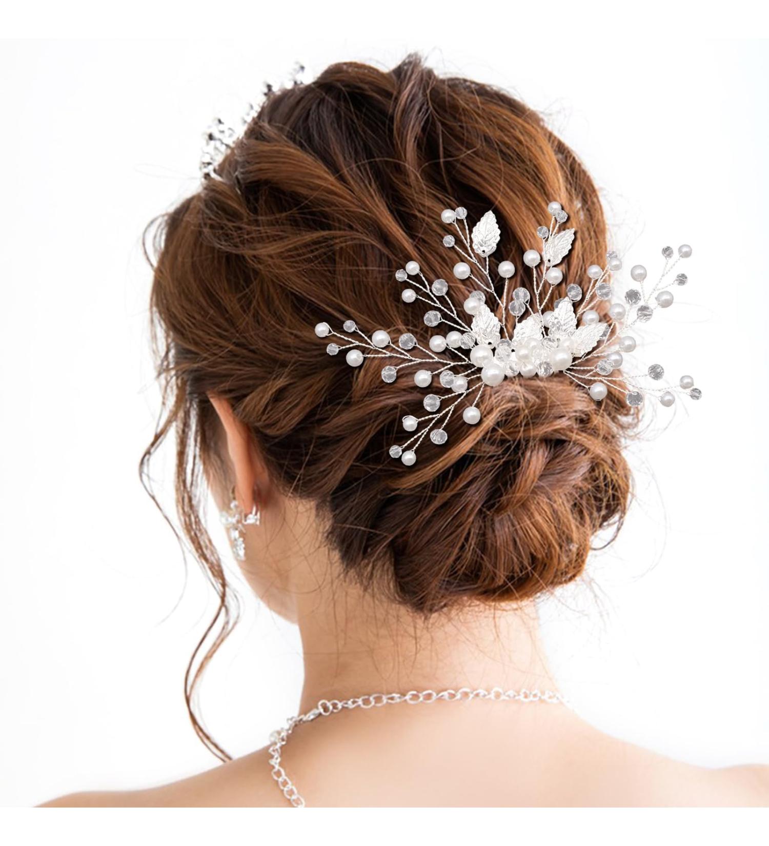 Bride Wedding Hair Comb Sparkly Rhinestone Pearl Bridal Hair Side Combs Slides Crystal Headpieces Bridal Leaf Hair Accessories for Women and Girls (Silver) - Buy Online on GoSupps.com