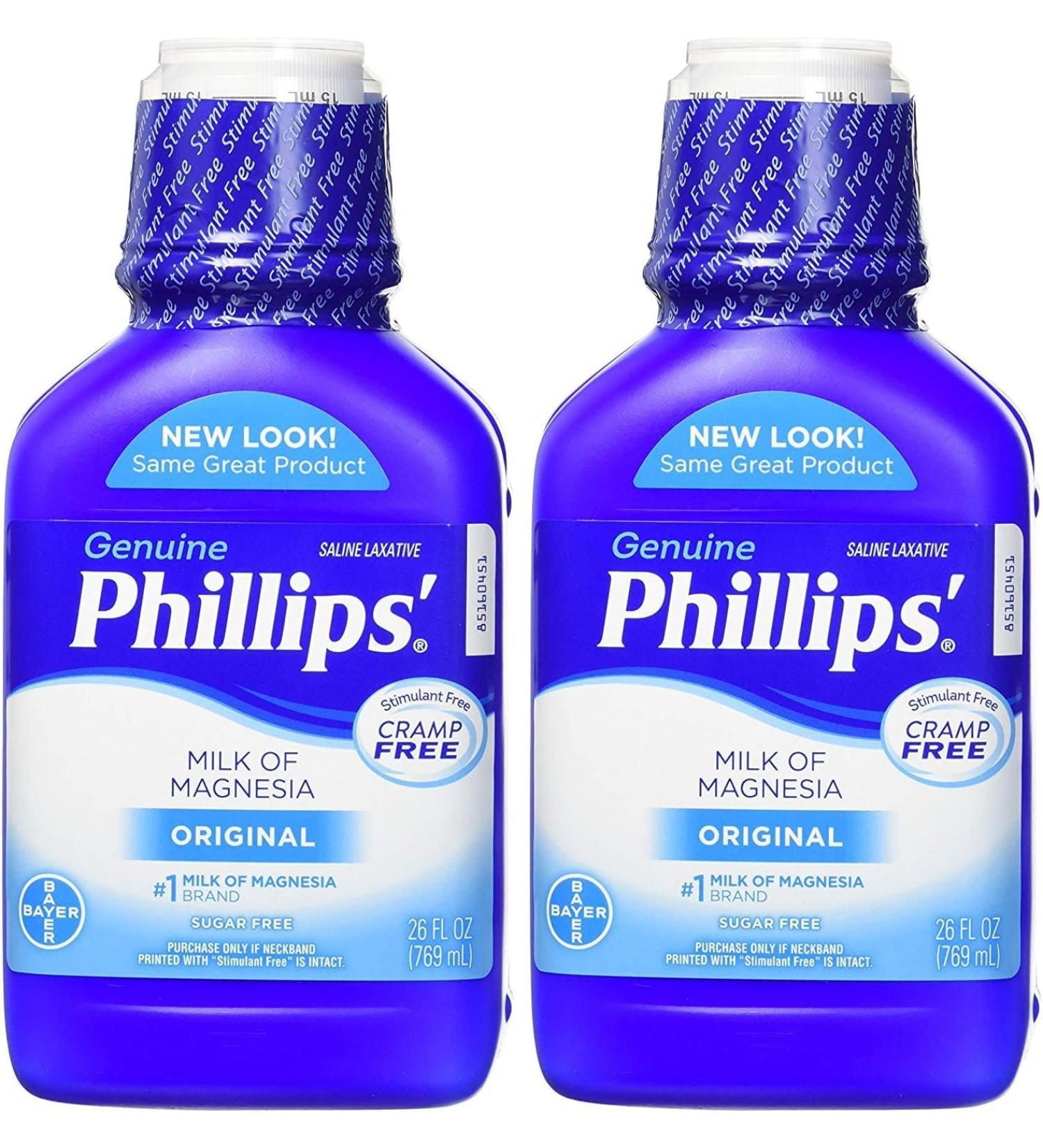 Phillips' Milk of Magnesia Liquid Laxative 26 oz (Pack of 2) Cramp Free & Gentle Overnight Relief Of Occasional Constipation #1 Milk of Magnesia Brand Original 26 Fl Oz (Pack of 2) - Buy Online on GoSupps.com