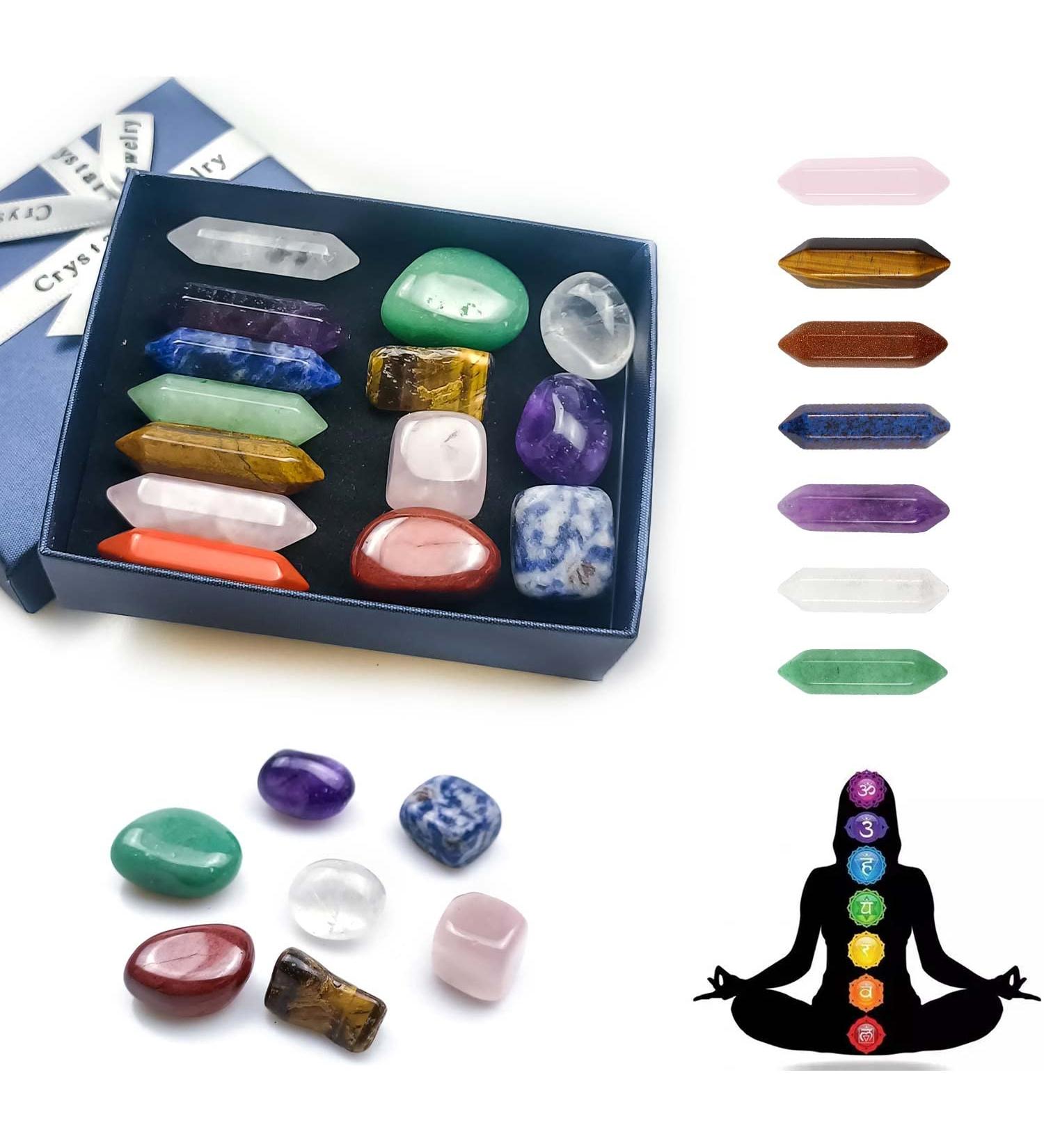 Chakra Stone Healing Crystals Set - 14pcs Natural Gemstone Wand Set for Reiki, Meditation, and Yoga - Buy Online on GoSupps.com
