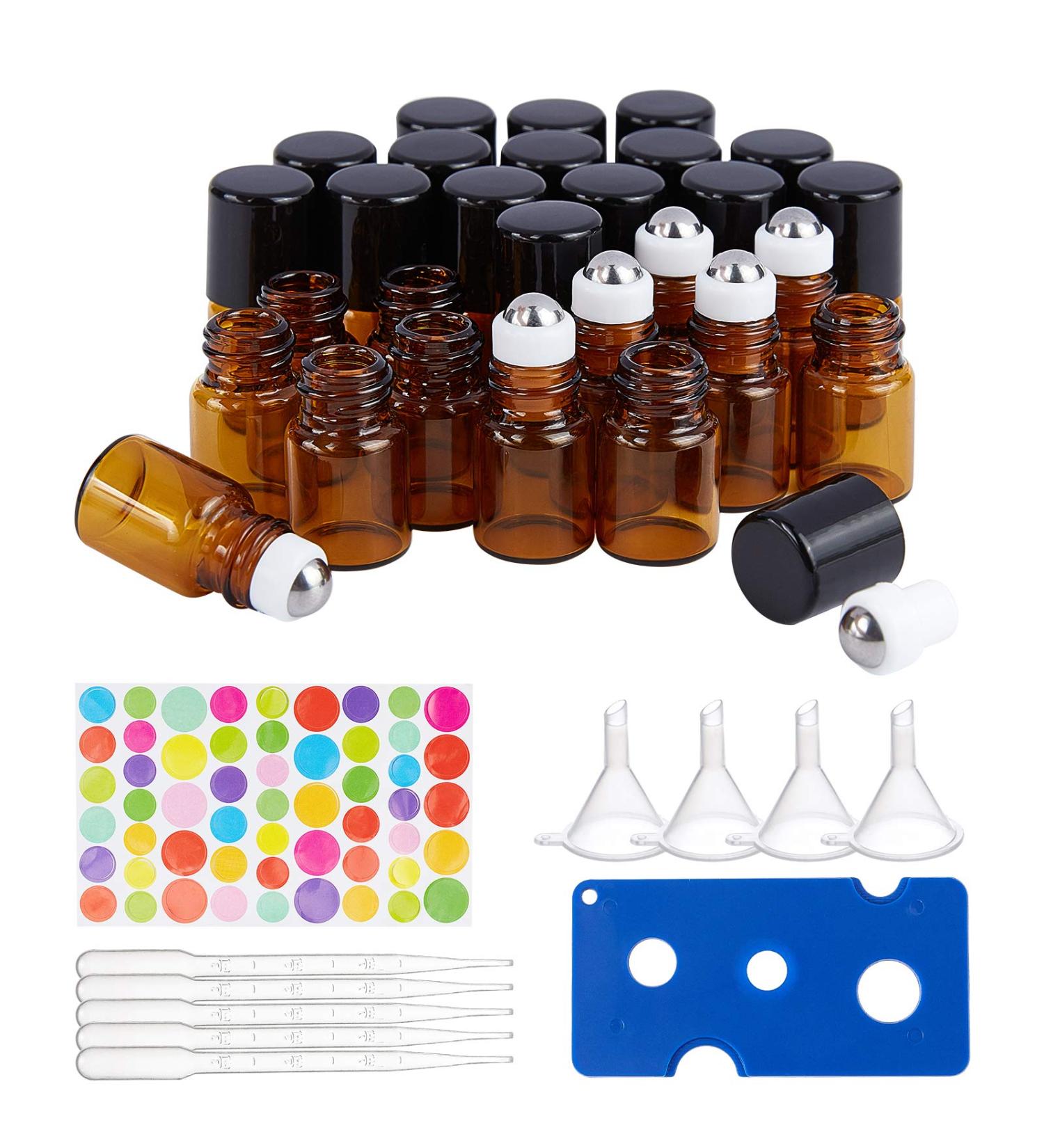 Benecreat 30 Pack Mini Brown Glass Roll-On Bottles with Black Caps | Essential Oil & Perfume Roller Set - Includes Funnels Opener Droppers & Stickers - Buy Online on GoSupps.com
