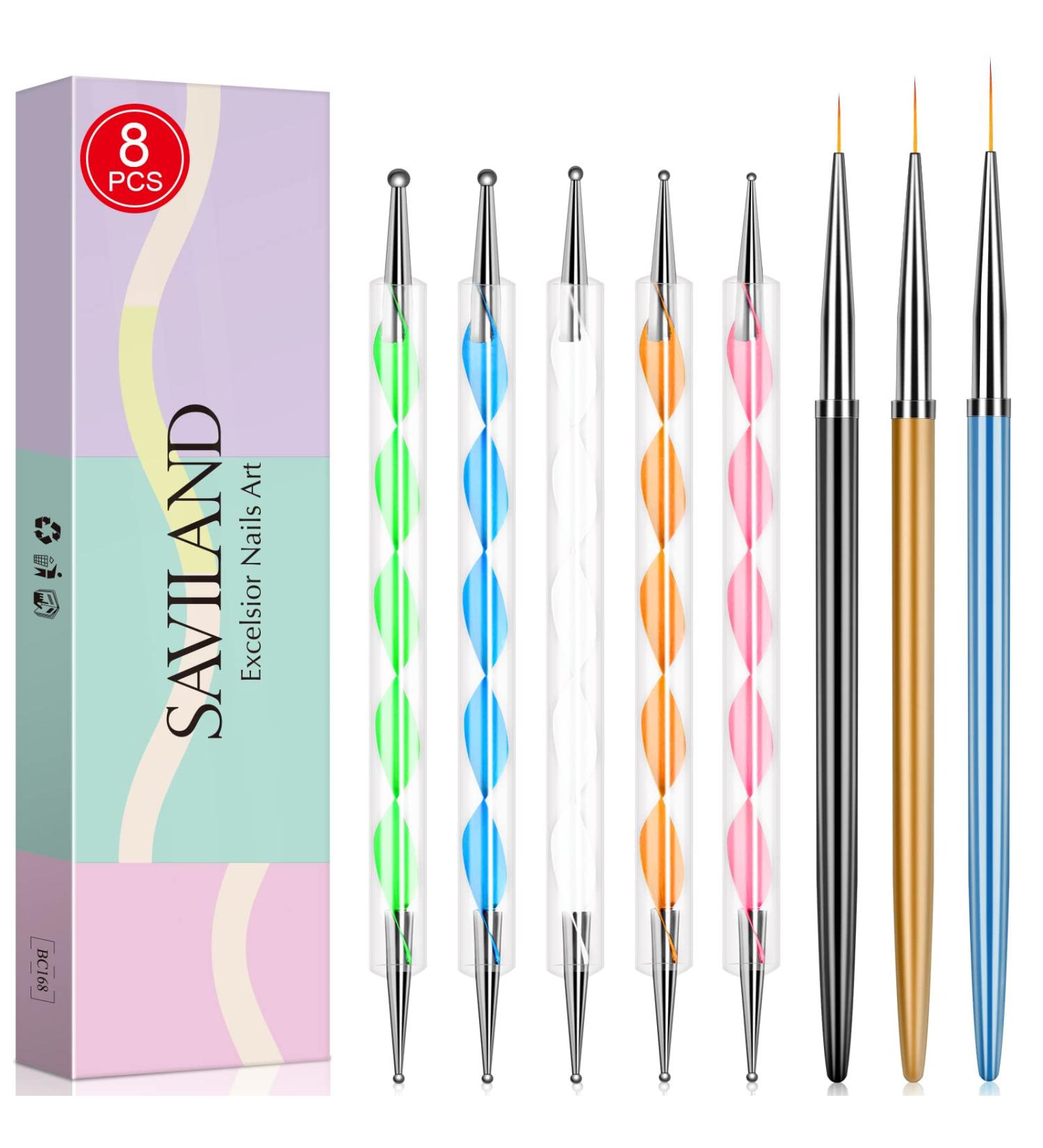 Saviland 8PCS Dotting Pen with Nail Art Liner Brush Set - Manicure Starter Kit for Nail Salon and Home DIY - Buy Online on GoSupps.com