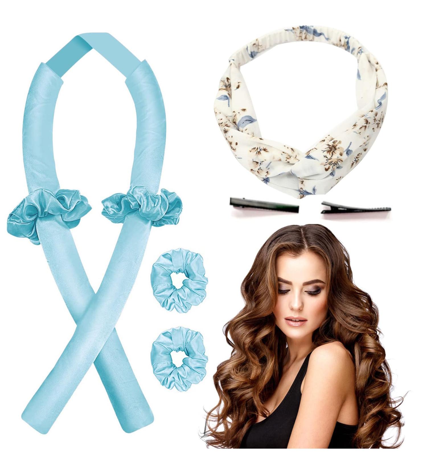 Soft Heatless Curlers Headband for DIY Waves - Blue Elastic Hair Band for Long and Medium Hair - Buy Online on GoSupps.com
