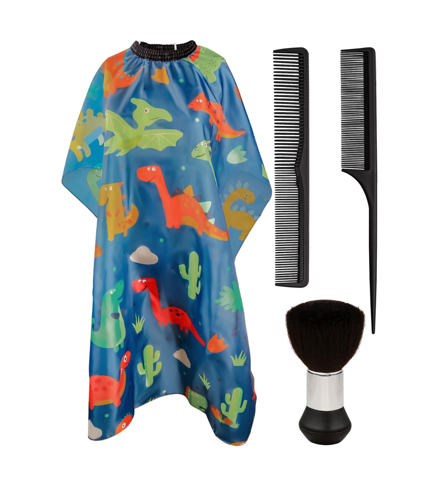 Kids Haircut Cape & Neck Duster Brush Set | Adjustable Blue Dinosaur Barber Cape for Kids - Buy Online on GoSupps.com