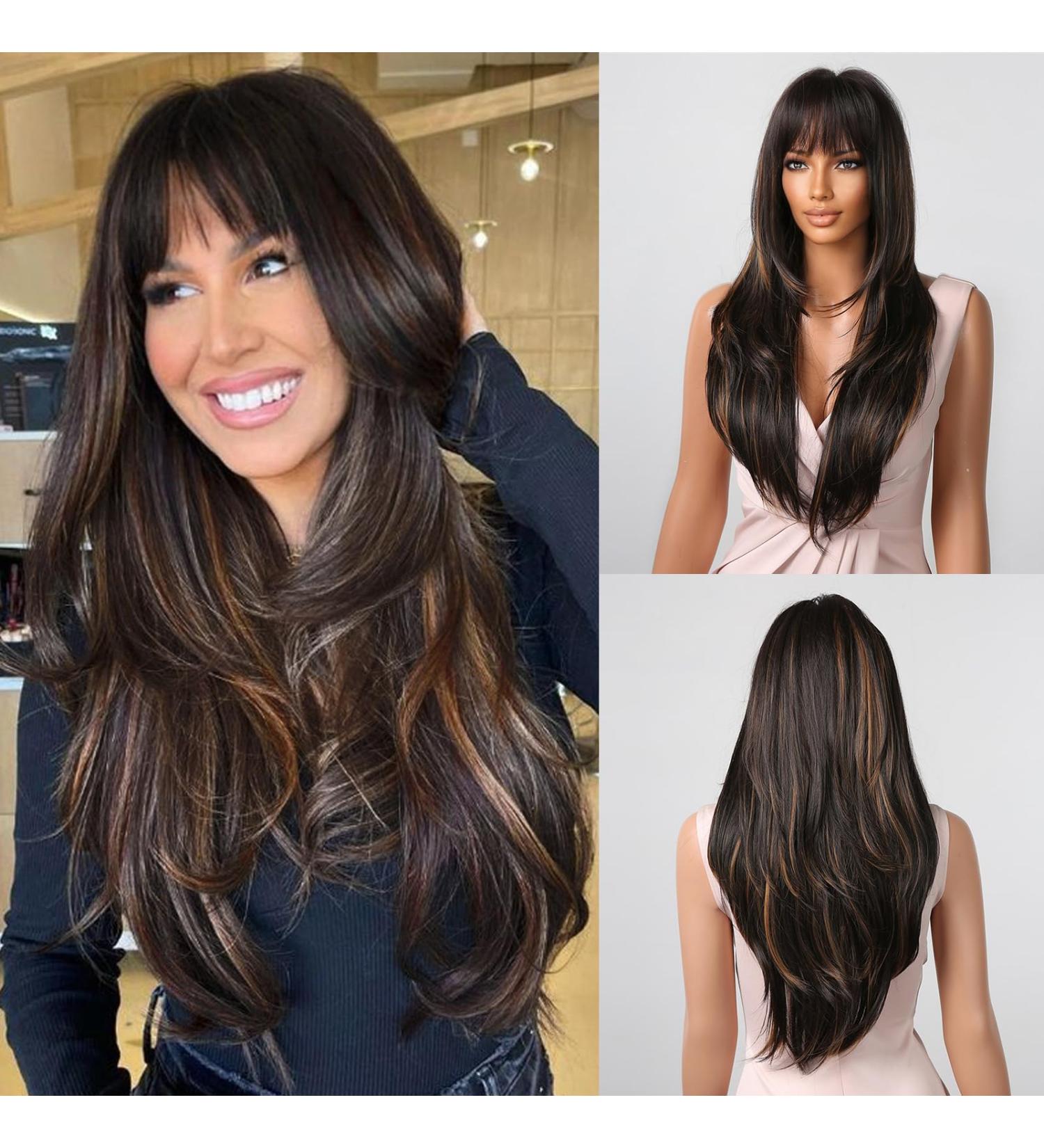 Allbell Long Black Wig with Bangs for Black Women - Natural Smooth Black & Blonde Synthetic Hair 2082-1 - Buy Online on GoSupps.com