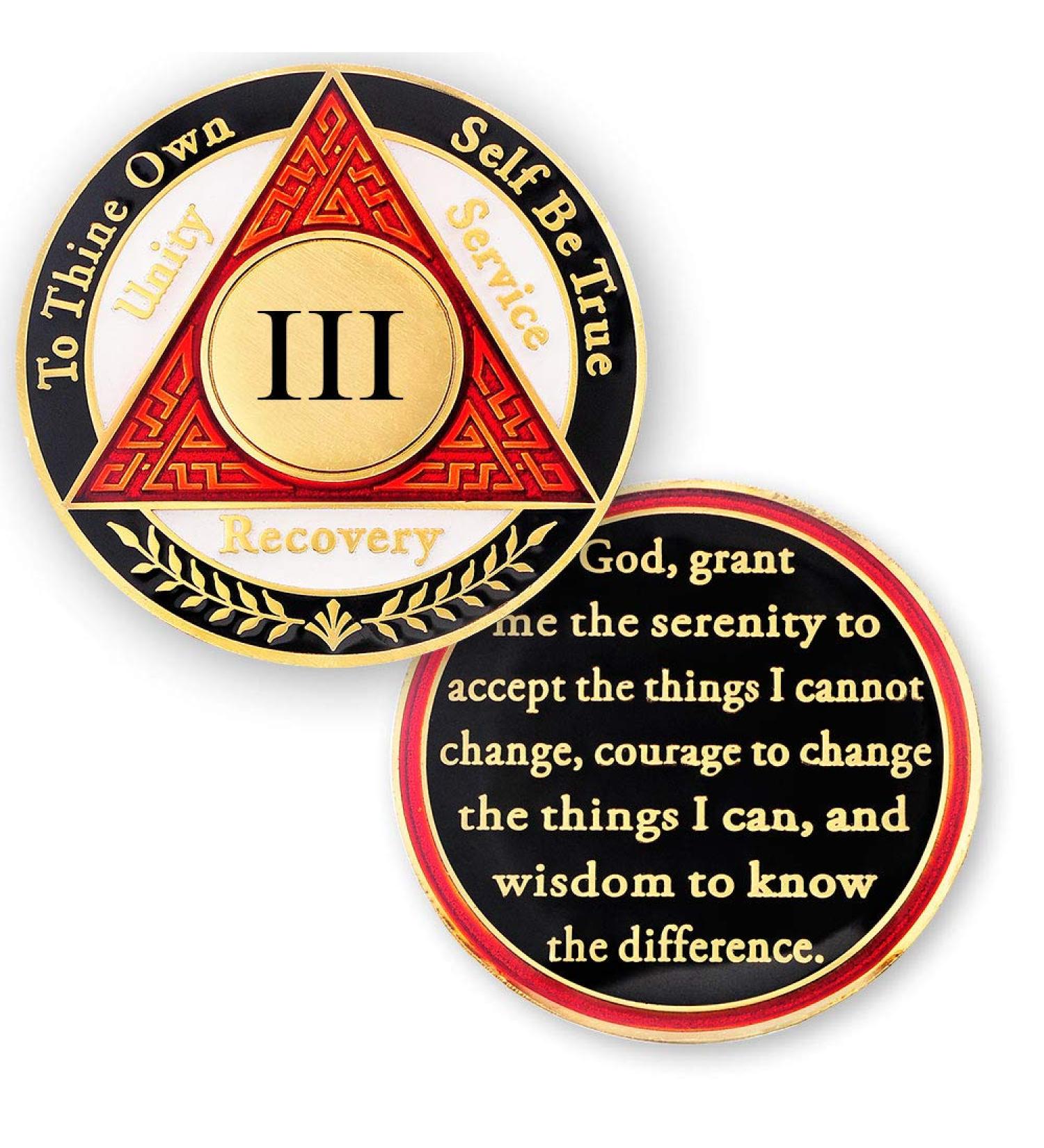 3 Year AA Medallions Sobriety Coin - Alcoholics Anonymous Chips - Three Year Coins - Red White Black Token