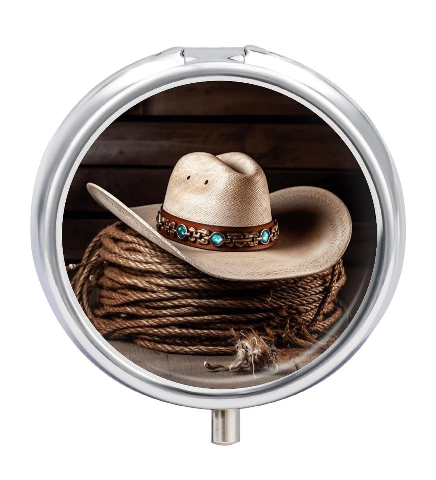 Round Pill Box - American West Rodeo Hat Print | 3 Compartment Medicine Organizer | Decorative Metal Portable Pocket Pill Case - Buy Online on GoSupps.com