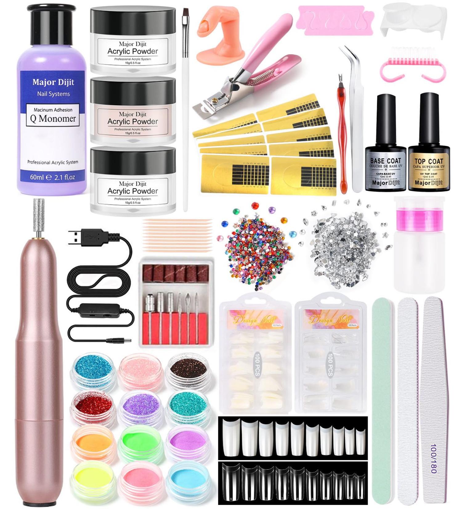 Acrylic Nail Kit - White Pink Clear Powder & Liquid, Electric Nail Clipper, Top Base Coat, Tips, Forms & DIY Art Tools - Beginner Set - Buy Online on GoSupps.com