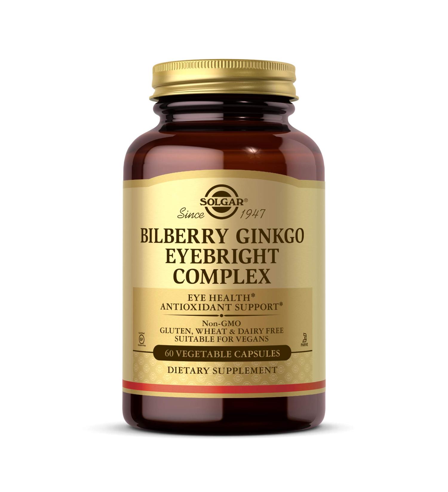 Solgar Bilberry Ginkgo Eyebright Complex 60 Capsules - Eye Health Antioxidant Support with Vitamins A, C & E - Vegan, Gluten Free, Dairy Free, Kosher - Buy Online on GoSupps.com