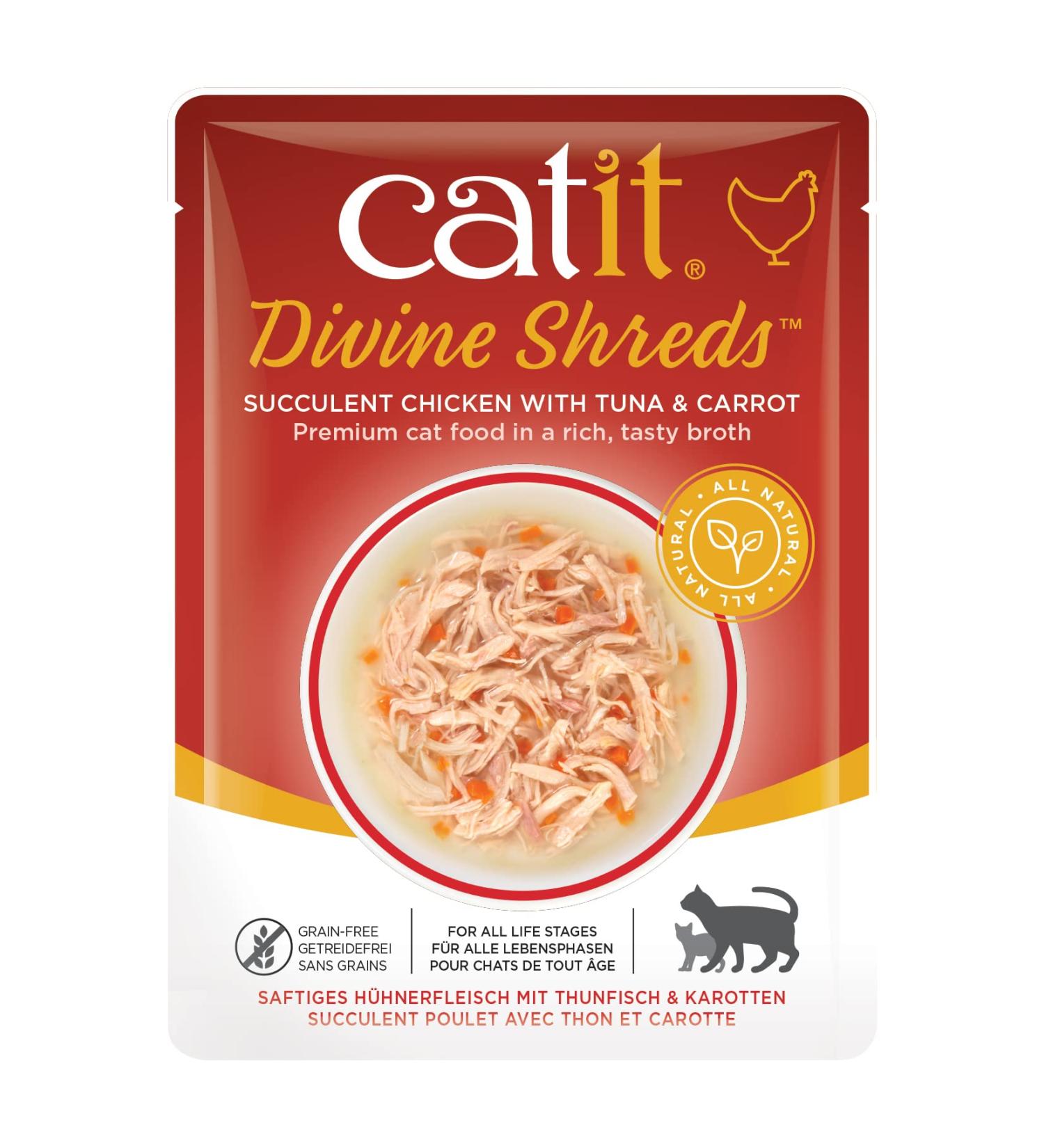 Catit Divine Shreds Wet Cat Food Toppers Chicken with Tuna & Carrot 75 g Pack of 18 Retail Units - Buy Online on GoSupps.com
