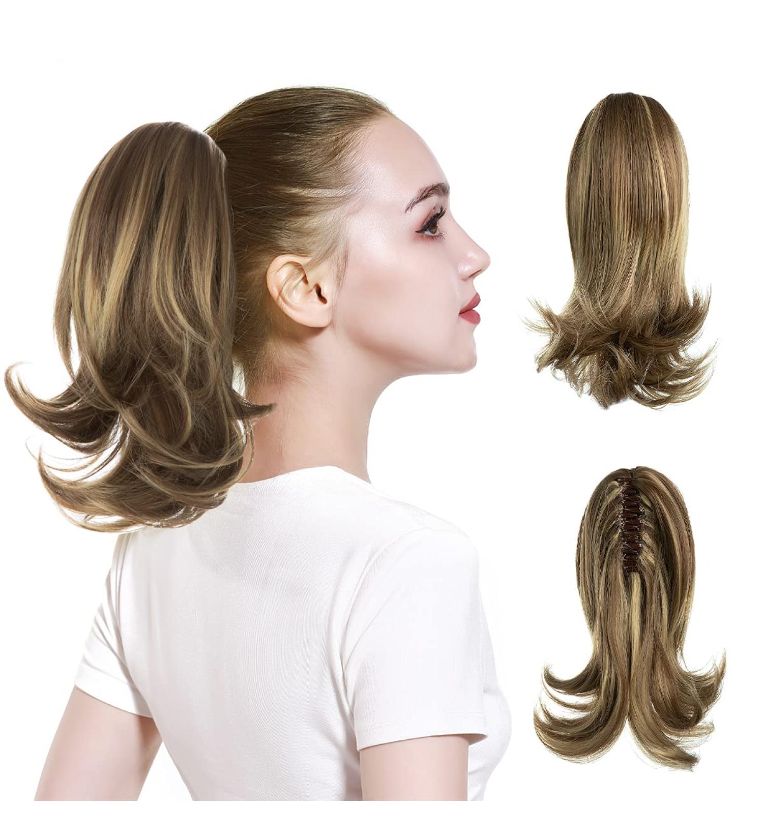 CJL HAIR Short Claw Clip Ponytail Extension 12 Inch - Ash Medium Brown/Ash Blonde - Synthetic Heat Friendly Fiber - for Women, Girls, Kids - Pack of 1 - Buy Online on GoSupps.com