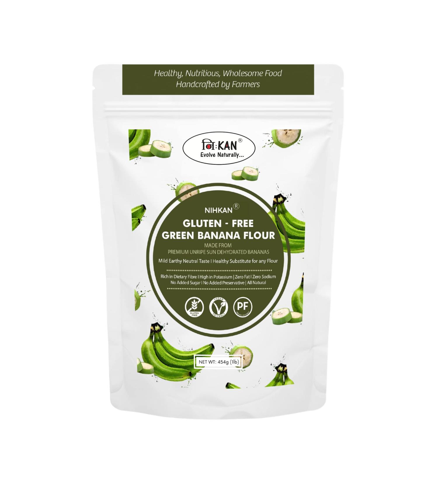 NIHKAN Gluten Free Green Banana Flour - 454 gm | Sugar Free, Low GI, Vegan & Paleo Friendly Flour for Baking - Buy Online on GoSupps.com