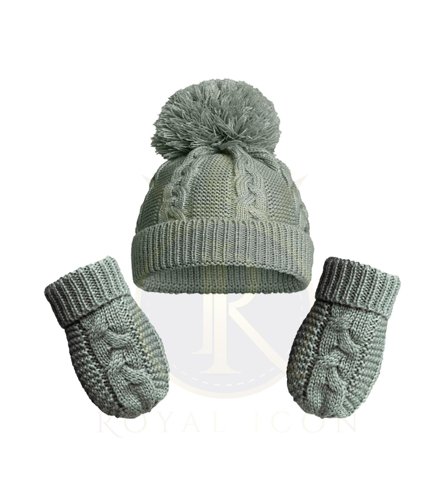 Royal Icon Baby Knitted Pom Pom Hat with Mittens Baby Boys Girls Winter Hat Mittens Set Cable Knit Single Pom Pom Bubble Hat Colours Available NB-12 Months RI6512 0-12 Months Sage Green