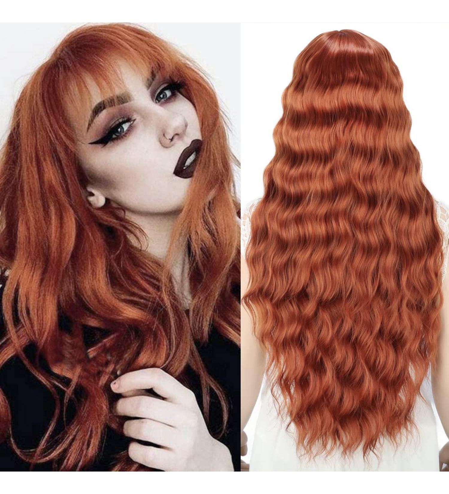 YEESHEDO Auburn Long Hair Wig for Women - Natural Curly Wavy Synthetic Fringe Red Wig - 28 Inches for Party, Cosplay or Daily Wear - Buy Online on GoSupps.com