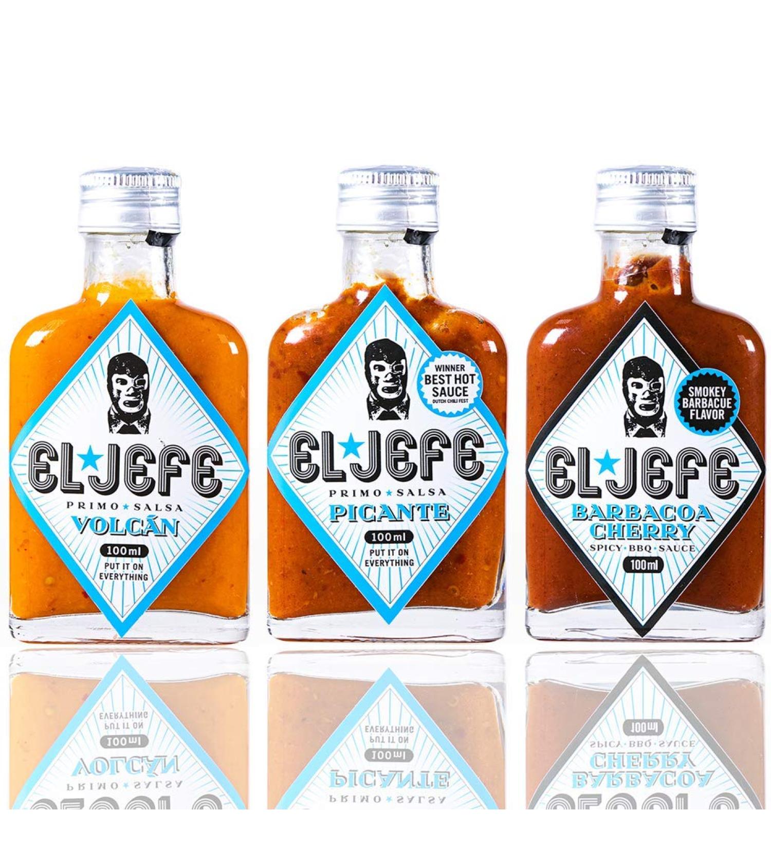 The Chief Cousin Salsa El Jefe Primo Sauce Hot Sauce 3pack Volcano & Spicy & BBQ Cherry 3x 100ml
