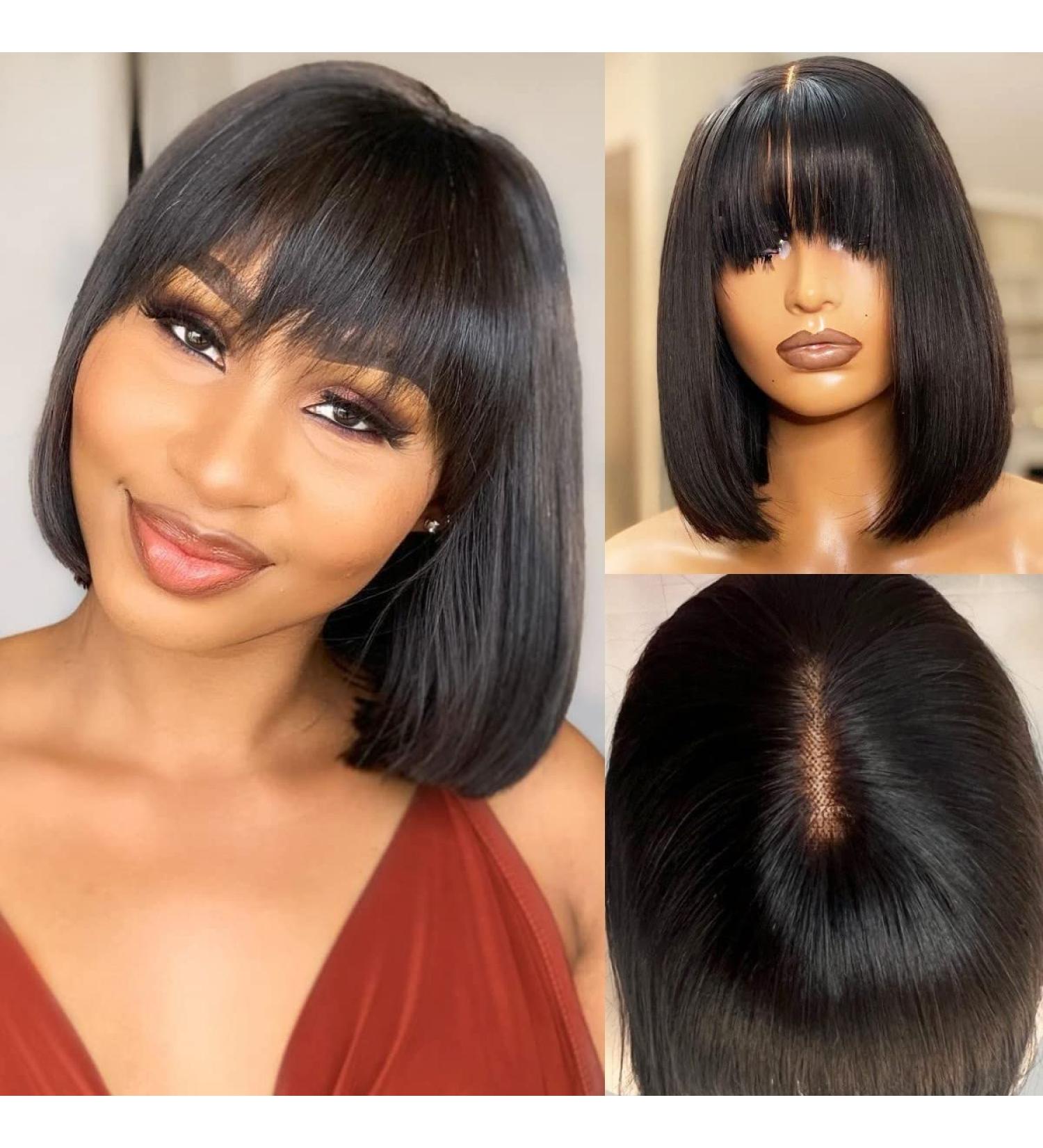 U&A Wear and Go Short Bob Wig with Bangs - 10 inch Black Brazilian Virgin Human Hair 180 Density - Buy Online on GoSupps.com
