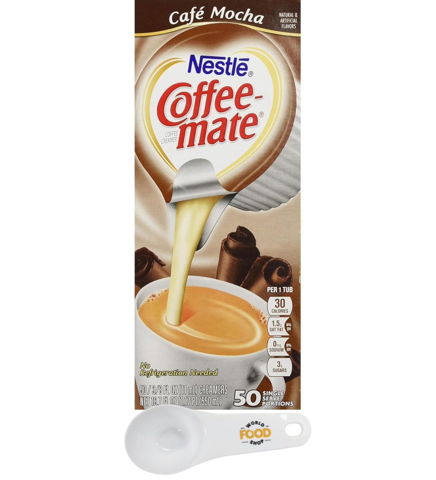 Coffee Mate Cafe Mocha Liquid Coffee Creamer 0.375oz x 50 with World Food Shop Scoop | Mocha Flavour - Non-Dairy Liquid Creamer Singles - Convenient Scoop Included - Elevate Your Coffee Moments