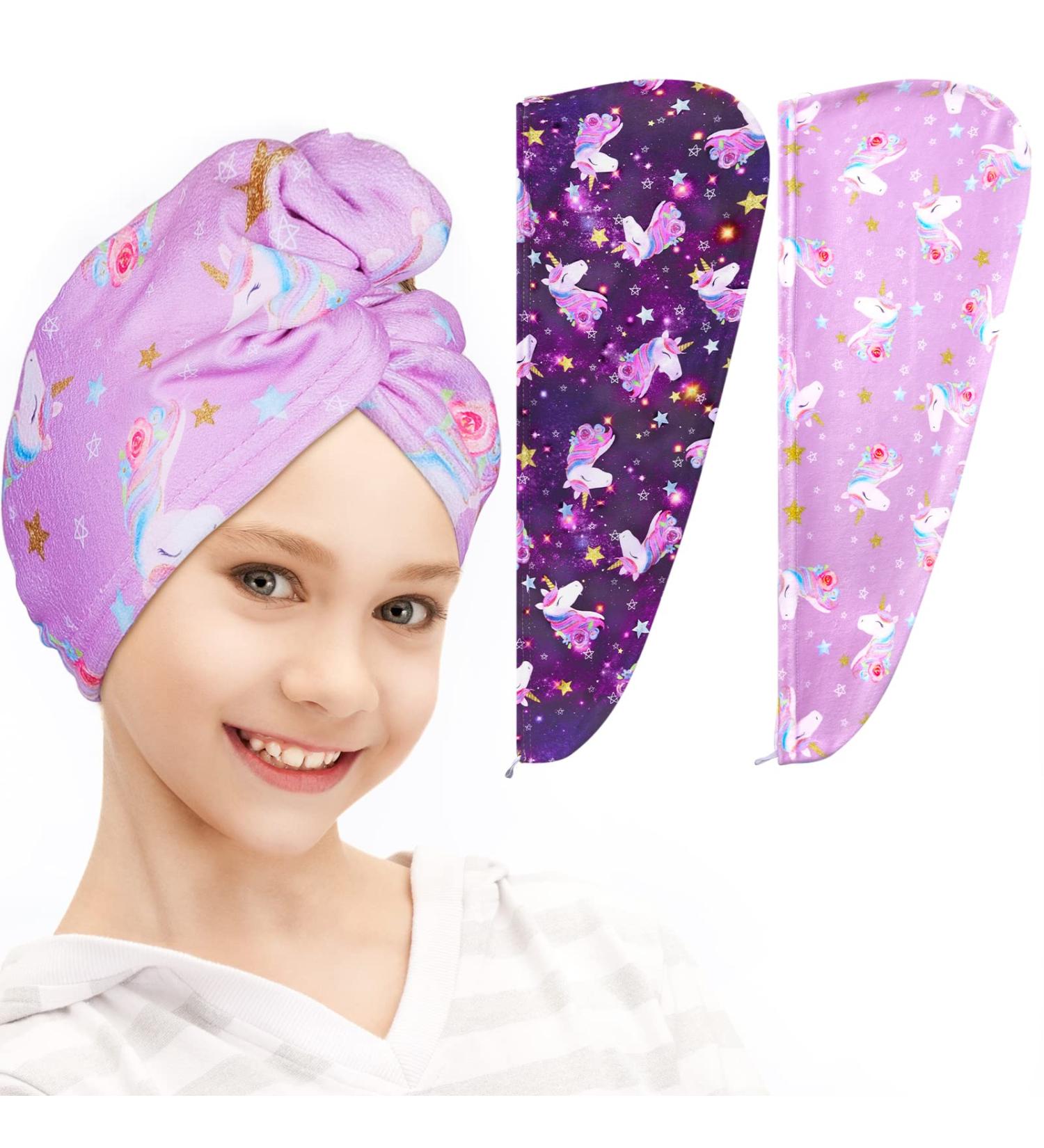 FIOBEE Kids Microfiber Hair Towel Wrap Set, Pack of 2 Purple - Rapid Drying, Absorbent Hair Turbans for Girls with Long Curly Hair - Buy Online on GoSupps.com