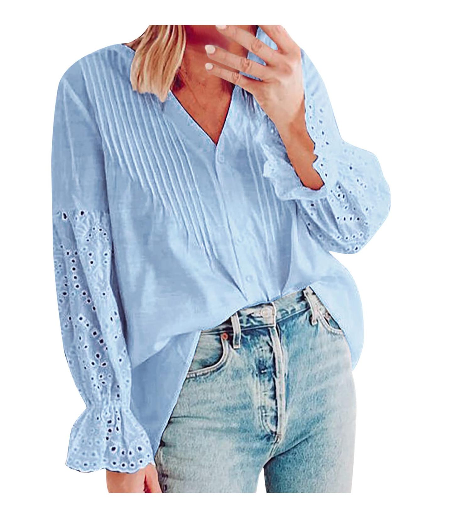 Ganfancp Women's Light Blue Lace Button Down Cardigan Shirt Top - X-Large - Buy Online on GoSupps.com