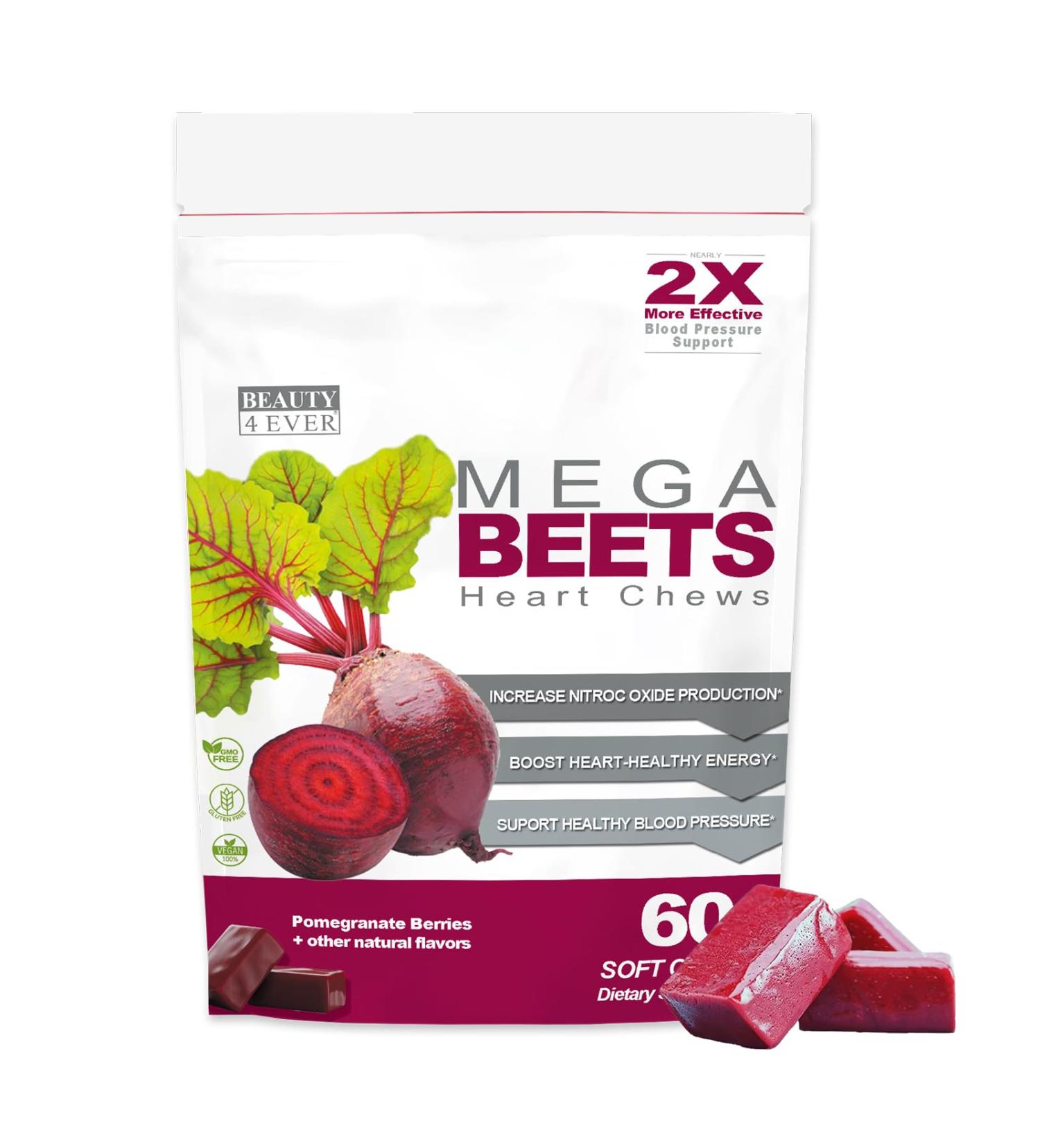 Beauty 4 Ever - Mega Beets Chews - Grape Seed Extract & Non-GMO Beet Energy Chews - Pomegranate Berry Flavor - 60 Count - Buy Online on GoSupps.com