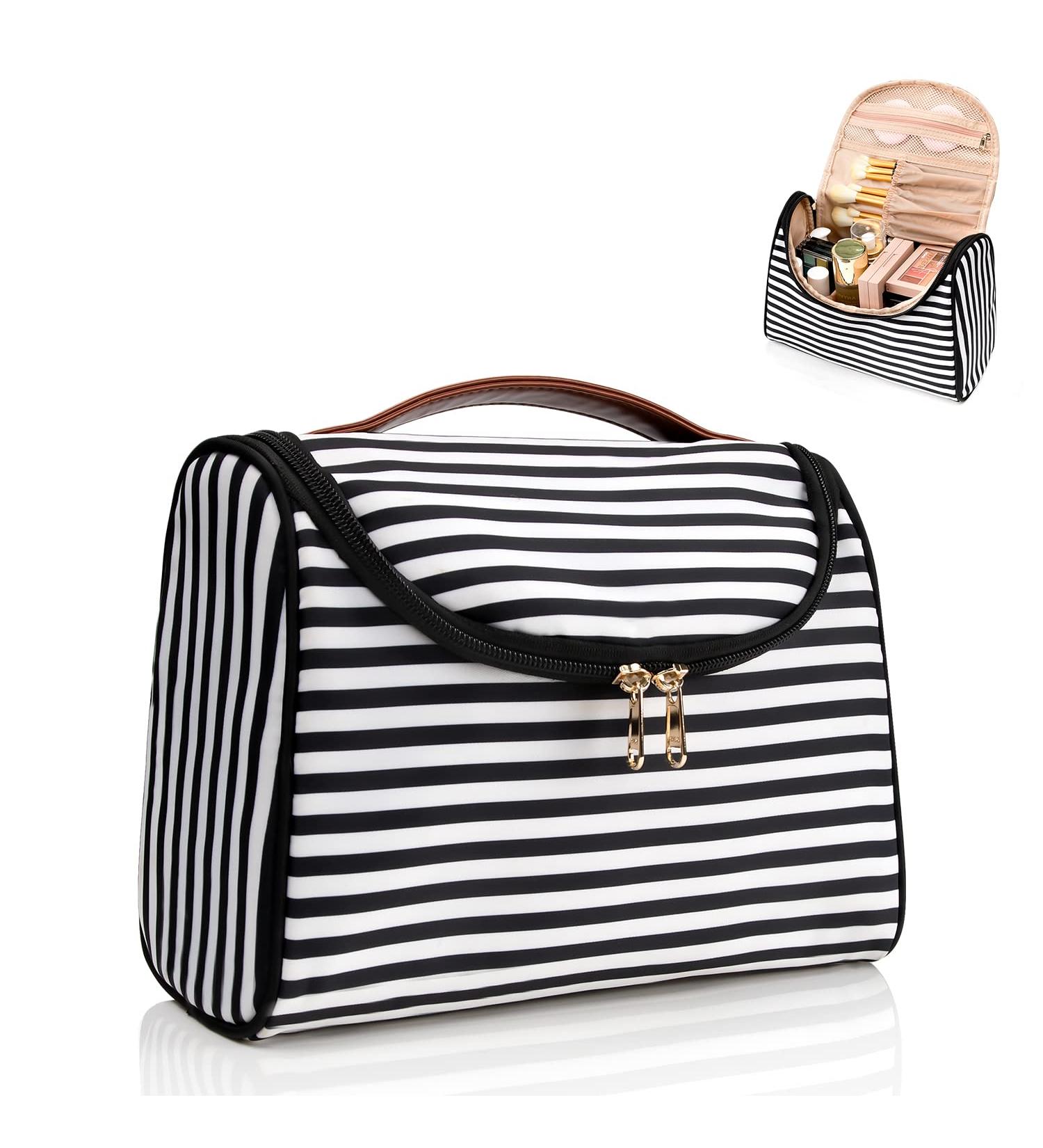 Black Stripe Travel Makeup Bag - Portable Ethereal Cosmetic Organizer for Women, Waterproof Nylon Toiletry Bag - Small Size - Buy Online on GoSupps.com