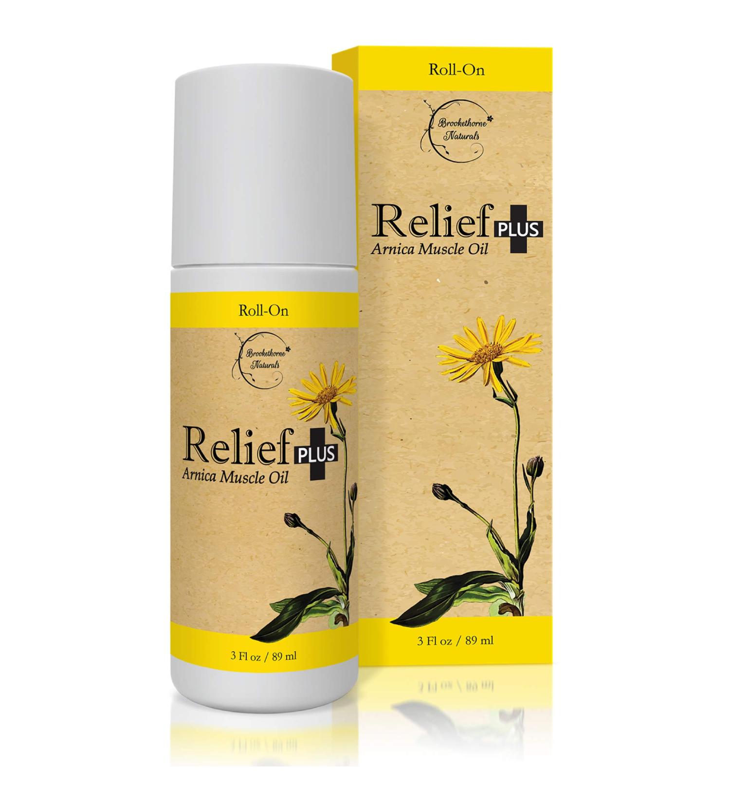 Relief Plus Arnica Muscle Oil All-Natural Roll-On for Sore Muscles & Aching Joints with Cypress Eucalyptus & Helichrysum Brookethorne Naturals - Buy Online on GoSupps.com
