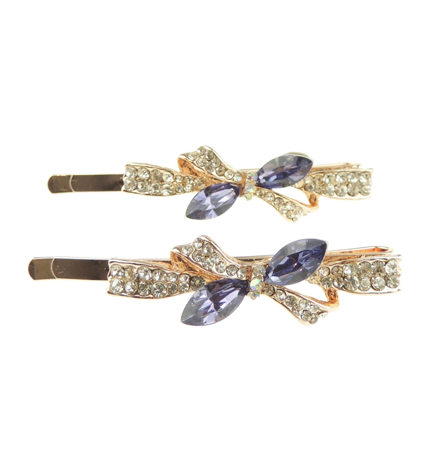 Womens Gold Tone Sparkly Bow Rhinestone Stones Jeweled Crystal Diamante Party Birthday Christmas Bridal Wedding Slides Hairpin Hair Clips Grips Bobby Pins Set of 2 Butterfly Bow Purple