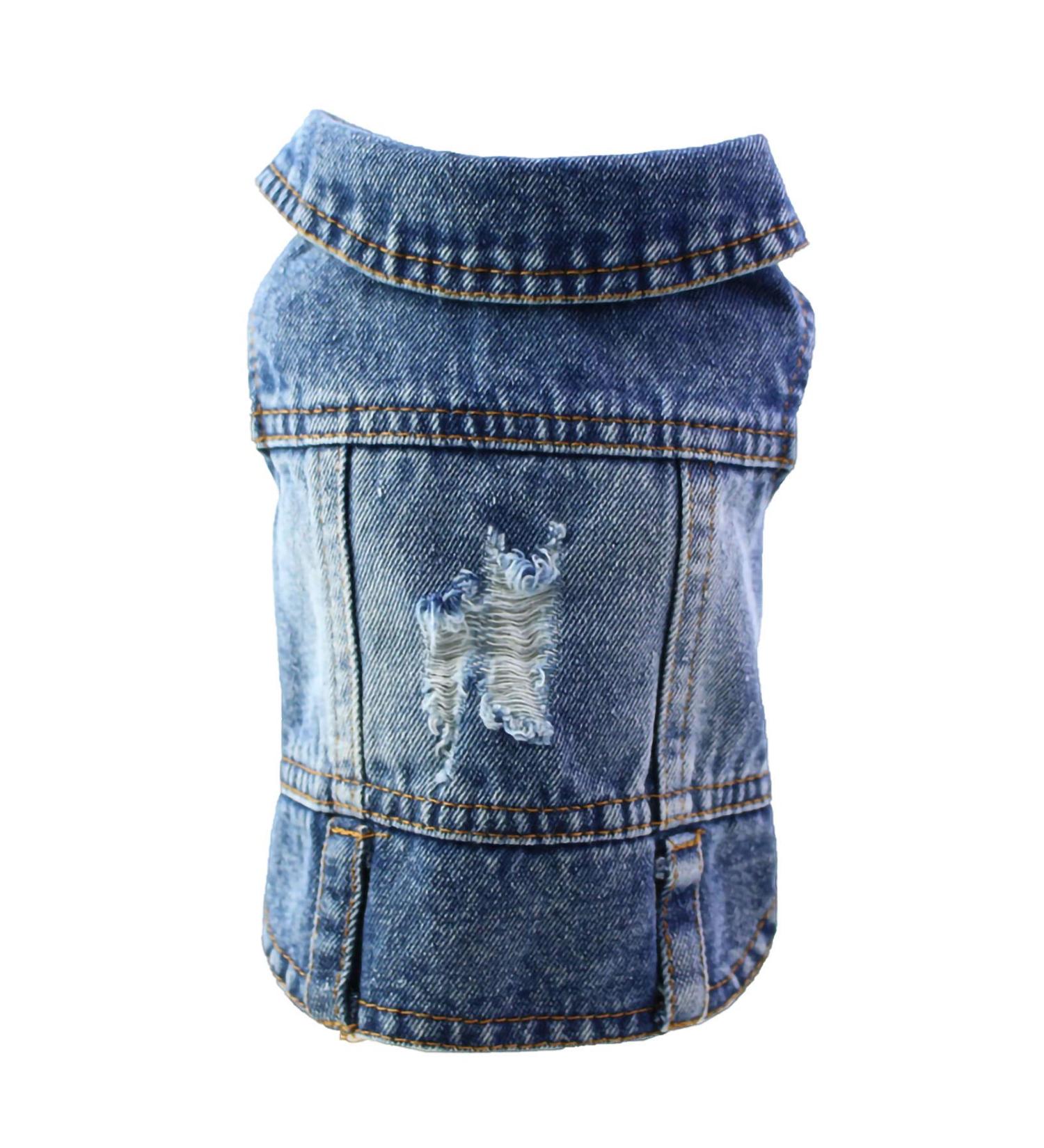 Pet Denim Jacket for Small Medium Dogs & Cats - Cool Vintage Washed Design | XS (23lb), Chest (10 ) Dark Blue - Scratch Resistant Dog Clothes - Buy Online on GoSupps.com