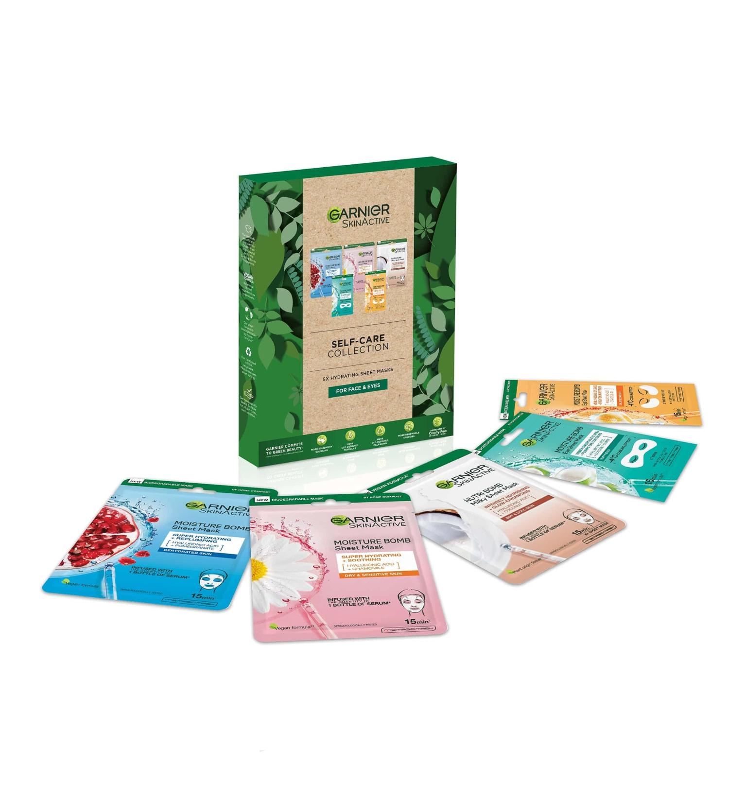 Garnier Self-Care Sheet Masks Gift Set - 5 Face & Eye Masks for Men & Women | Vegan & Biodegradable | Pampering Beauty Gift for Christmas - Buy Online on GoSupps.com