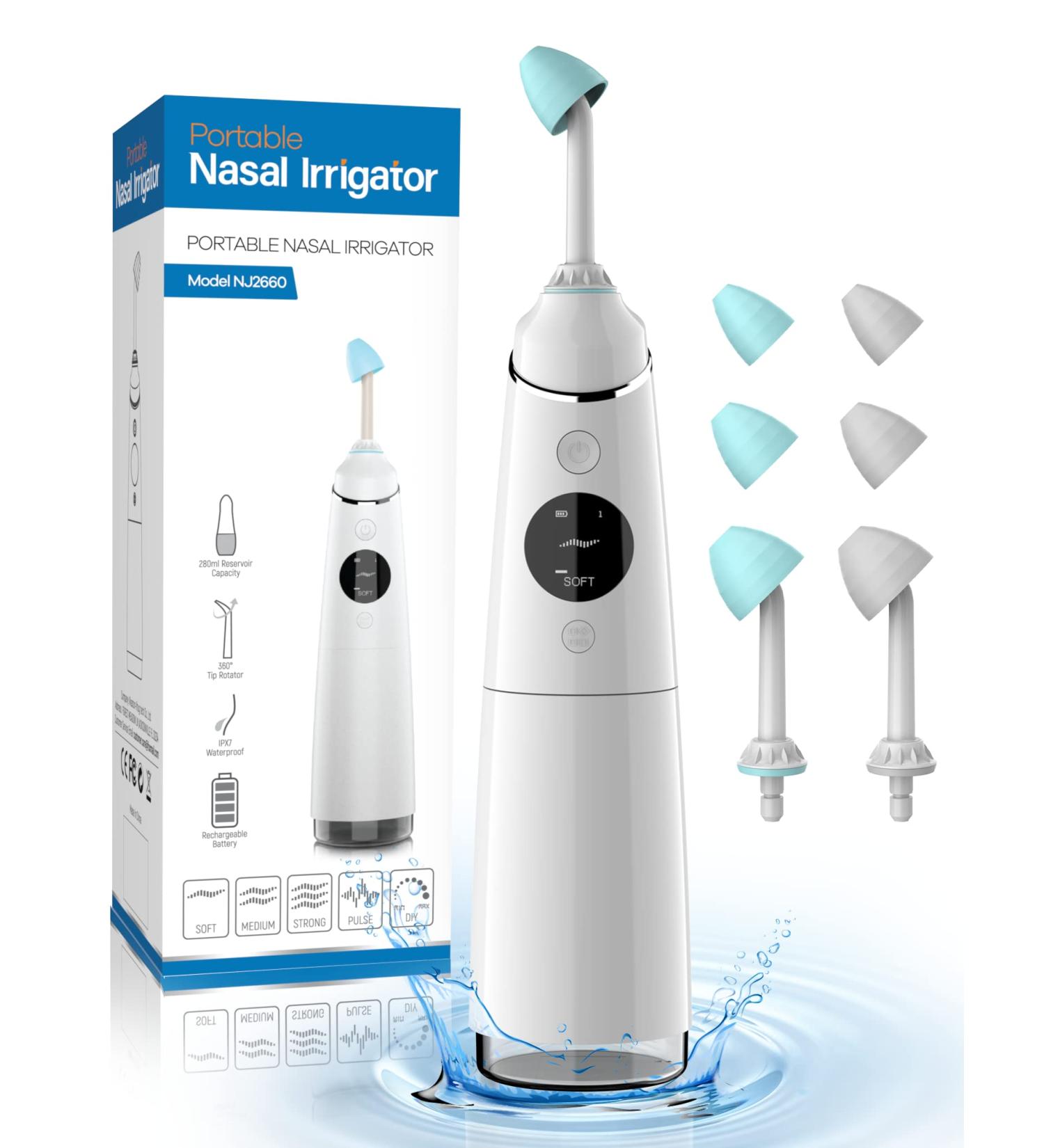 Portable Nasal Irrigator | 5 Modes Nose Cleaner | Pulsating Nasal Wash | Electric Neti Pot | 280ML Capacity | IPX7 Waterproof | White - Buy Online on GoSupps.com