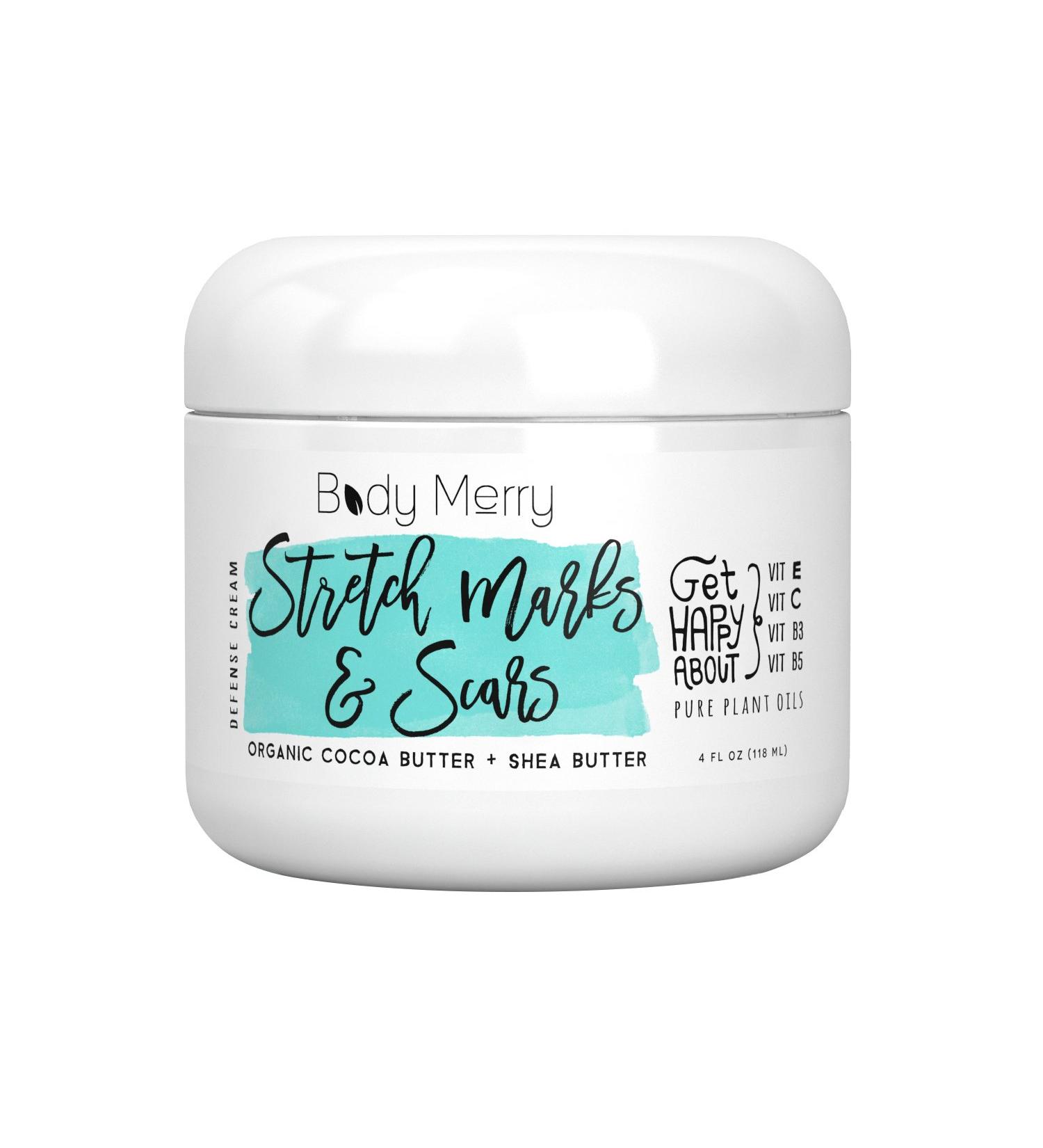 Body Merry Stretch Marks & Scars Defense Cream - Organic Cocoa Butter & Shea Daily Moisturizer - Fade Old & New Marks, Nourish Skin - Pregnancy Belly Cream - 4 oz - Buy Online on GoSupps.com