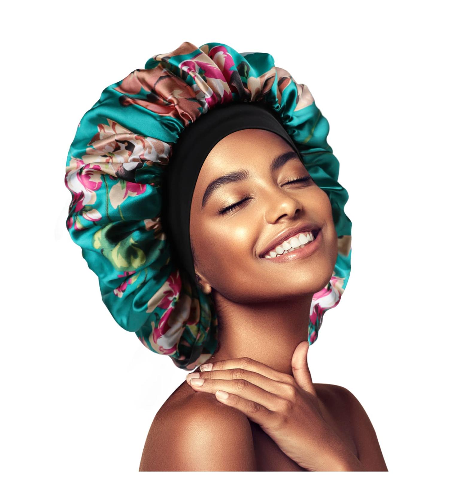 Satin Silk Double Layer Green Flower Hair Bonnet for Black Women - Large Silky Lined Sleep Cap for Curly Hair - Wide Band Strap - 1 Pc - Buy Online on GoSupps.com