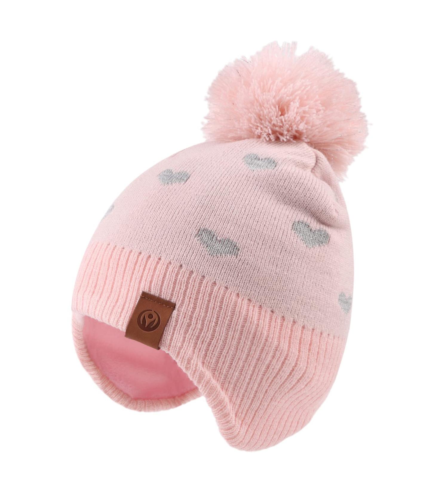 XIAOHAWANG Knitted Baby Hat - Winter Beanie with Fleece Lining for Toddler Kids (4-7 Years) - Pink Heart Pompom Hat - Buy Online on GoSupps.com