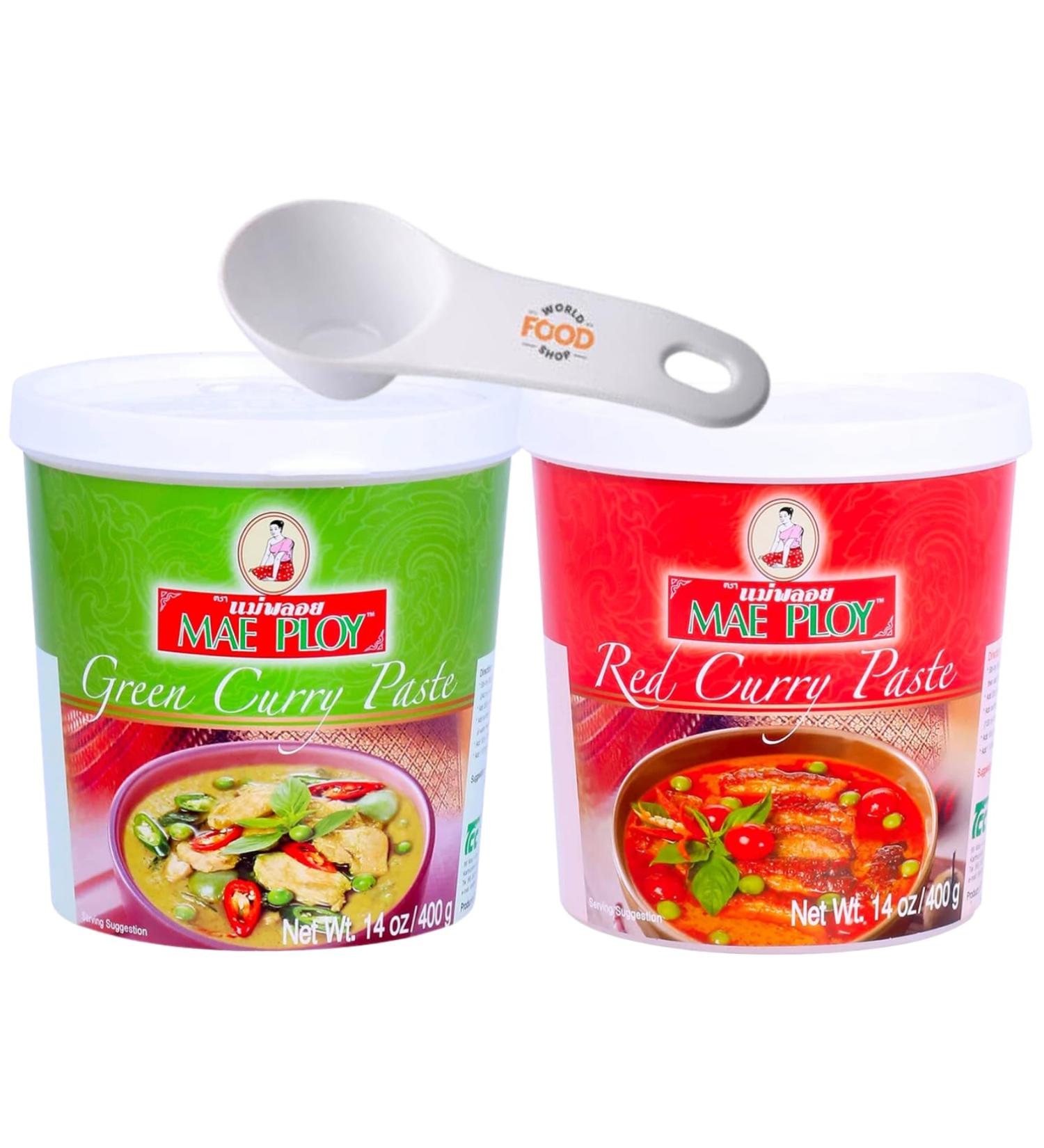 Mae Ploy Thai Green & Red Curry Paste 400g Bundle with 20ml Measuring Scoop | Authentic Hot and Mild Chilli Asian Food - World Food Shop - Buy Online on GoSupps.com