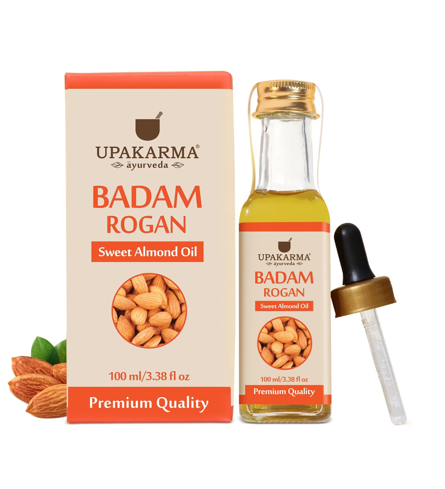 UPAKARMA 100% Natural Cold Pressed Sweet Almond Oil - 100ml | Pure Badam Rogan Oil for Skin & Hair - Buy Online on GoSupps.com