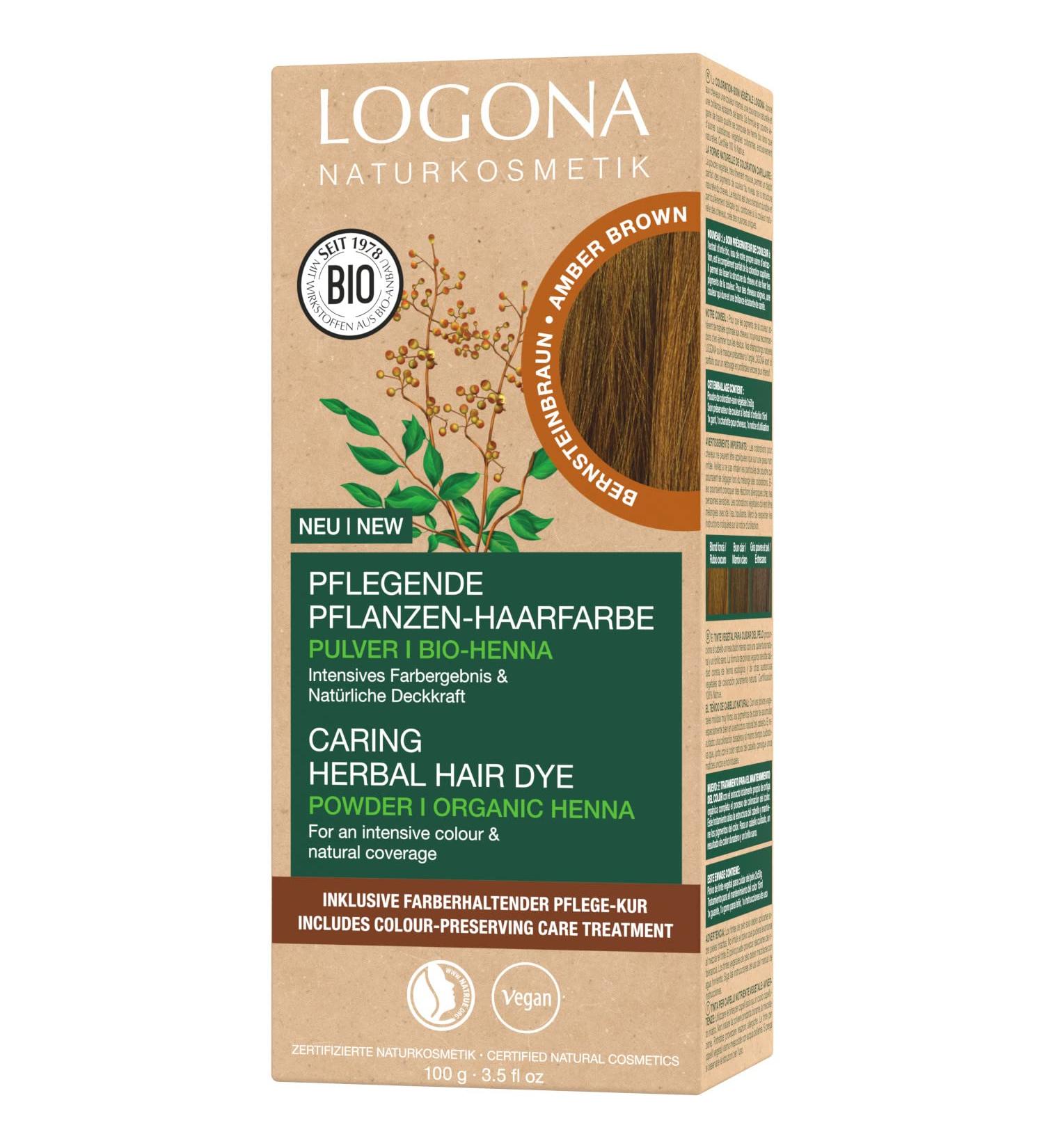 Logona Natural Cosmetics Herbal Hair Color - Vegan Amber Brown Powder with Organic Henna - 100g for Intense Shine & Color - Buy Online on GoSupps.com