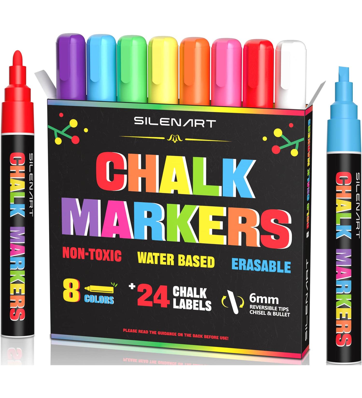 SILENART Durable Chalk Markers - 8 Long-lasting Colors with 24 Labels - For Kids, Glass, and Chalkboards - Washable Reversible Tip - 1 Count (Pack of 8) - Buy Online on GoSupps.com