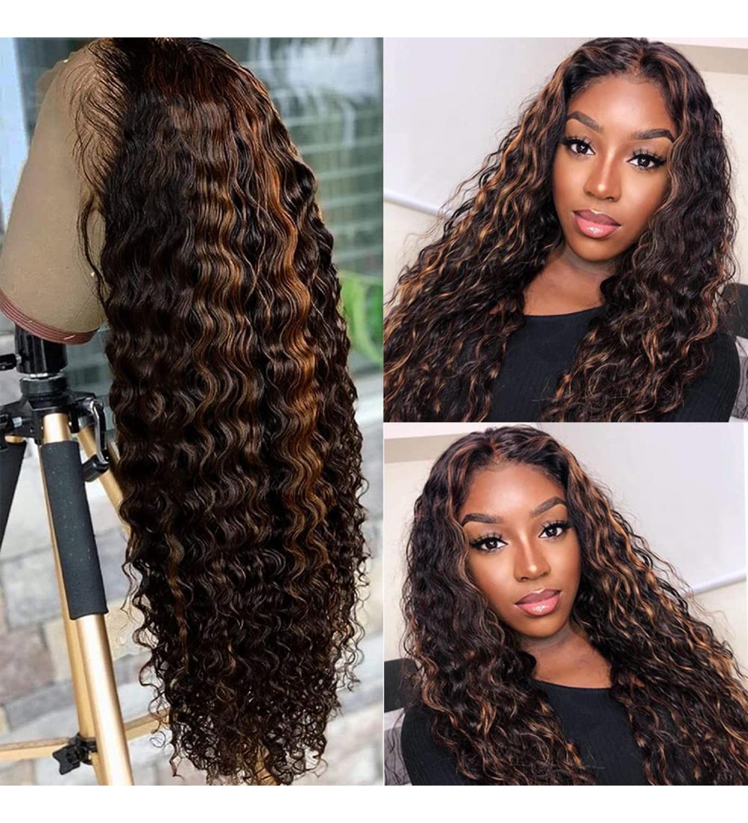 Highlight Ombre Lace Front Human Hair Wig 1B/30 Black Brown 24 Deep Wave Honey Blonde 180% Density - Buy Online on GoSupps.com