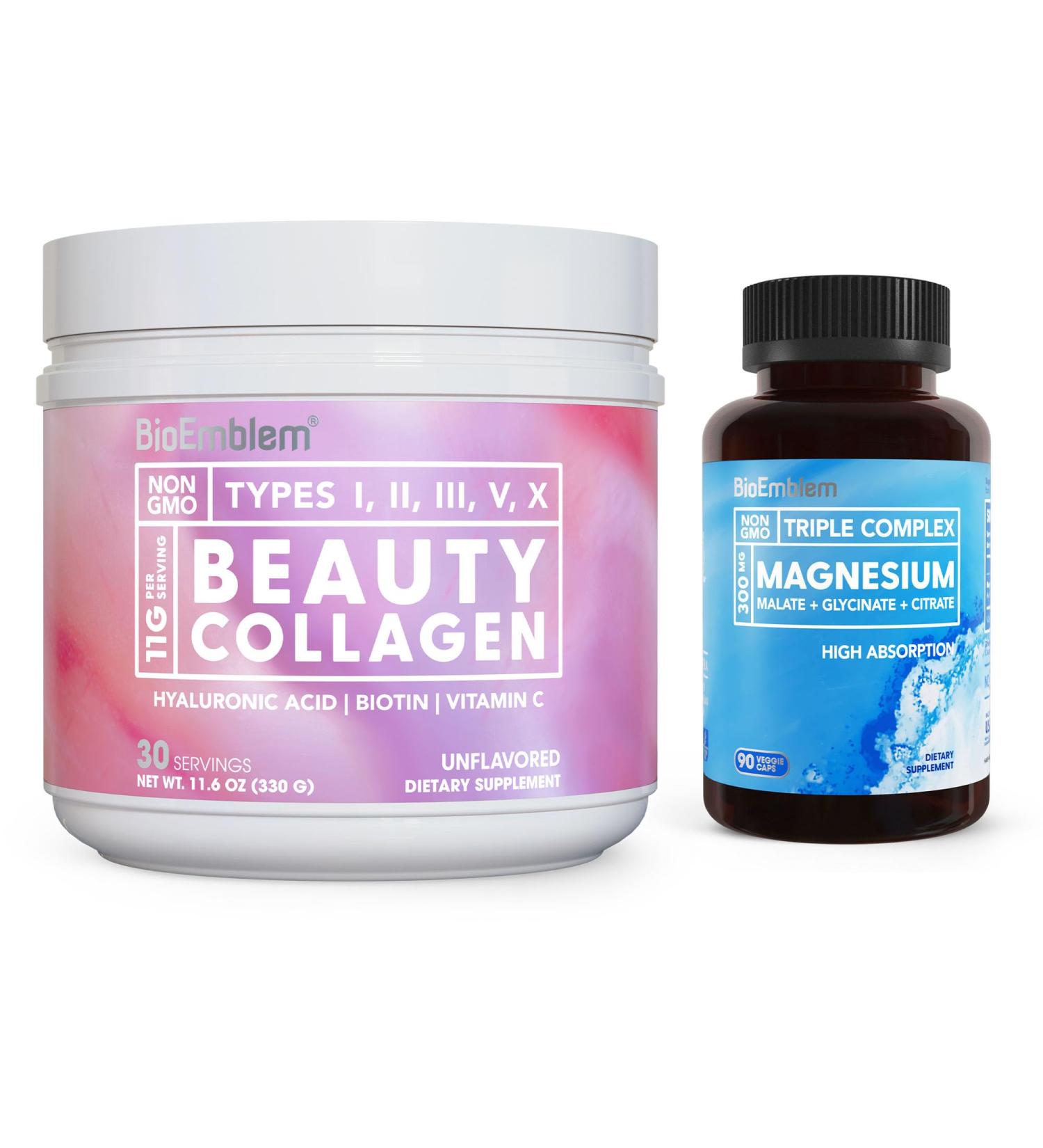 BioEmblem Beauty Collagen - 11G Hydrolyzed Multi-Collagen Peptides & Triple Magnesium Complex - Buy Online on GoSupps.com