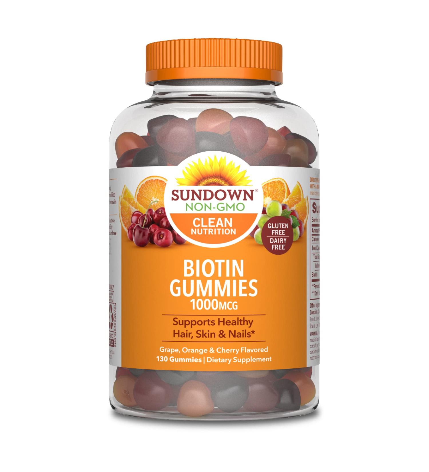 Biotin Gummies by Sundown  Supports Healthy Hair  Skin & Nails  Non-GMO  Free of Gluten  Dairy  Artificial Flavors  1000 mcg  130 Gummies 130 Count (Pack of 1) - Buy Online on GoSupps.com