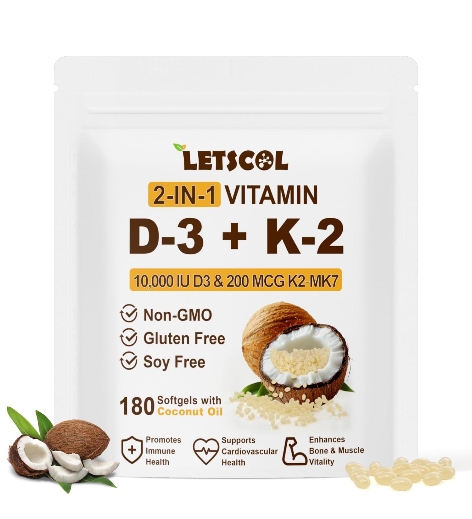 2-in-1 Vitamin D3 K2 Supplement Softgel Vitamin D3 10000 IU and Vitamin K2 200 mcg K2 MK7 with D3 Vitamin Supplement Support Immune Heart Joint Teeth & Bone Health 180 Count (Pack of 1) 10 000 IU D3 & 200MCG K2 180 Sof  - Buy Online on GoSupps.com