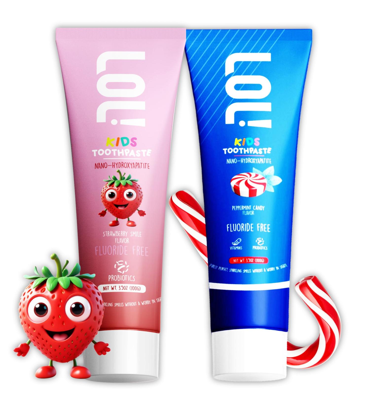 LOL Kids Toothpaste | Fluoride Free 2-Flavors Pack | Nano Hydroxyapatite Toothpaste Probiotics Vitamins A C E | Safe if Swallowed No SLS | 1 Strawberry 1 Peppermint - Buy Online on GoSupps.com