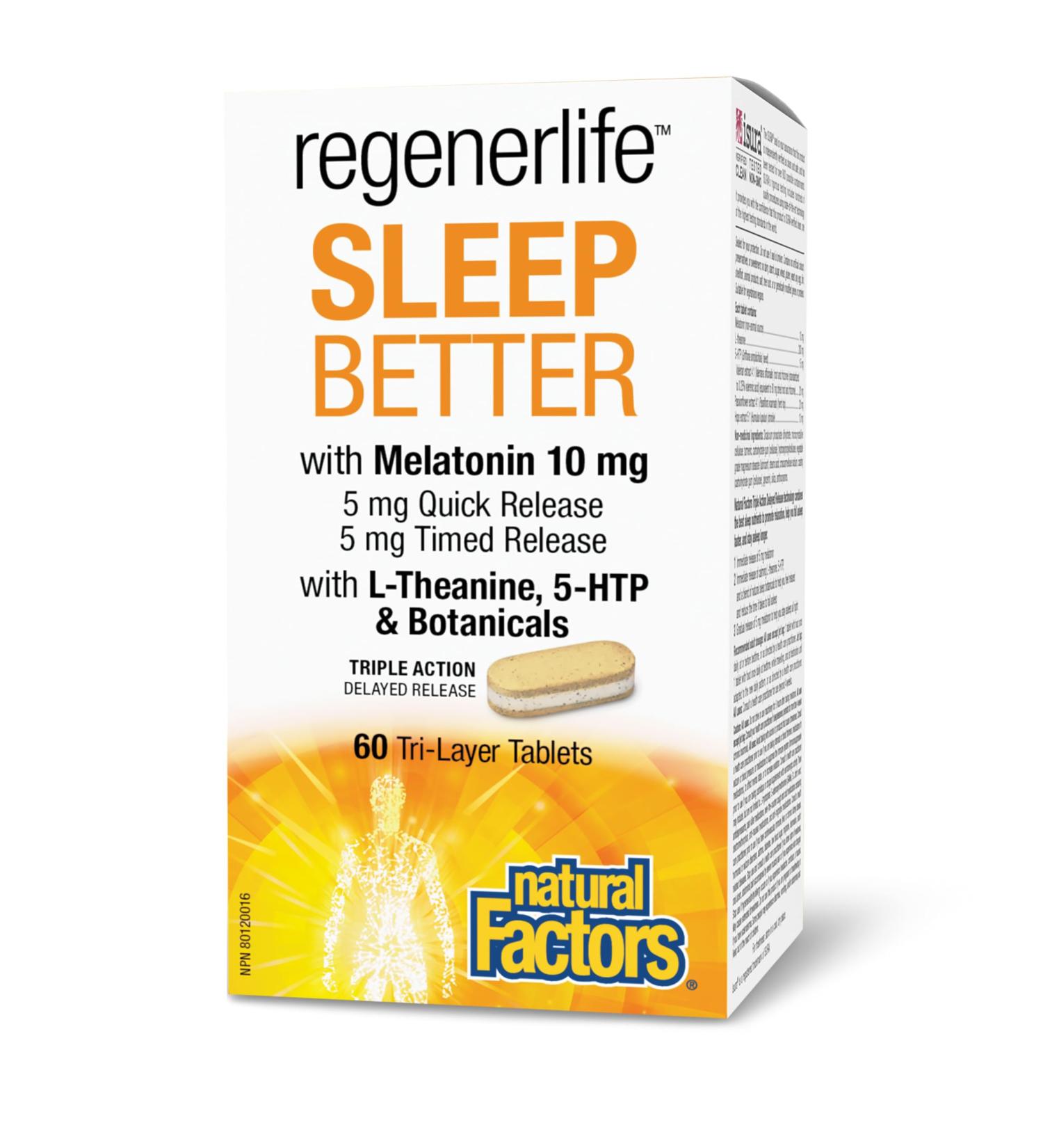Natural Factors Regenerlife Sleep Better 60 Tri-Layer Tablets 5 mg Quick Release Melatonin 5 mg Timed Release Melatonin L-Theanine 5-HTP and Botanicals Promotes a Longer Better Quality of Sleep Non-Habit Forming - Buy Online on GoSupps.com