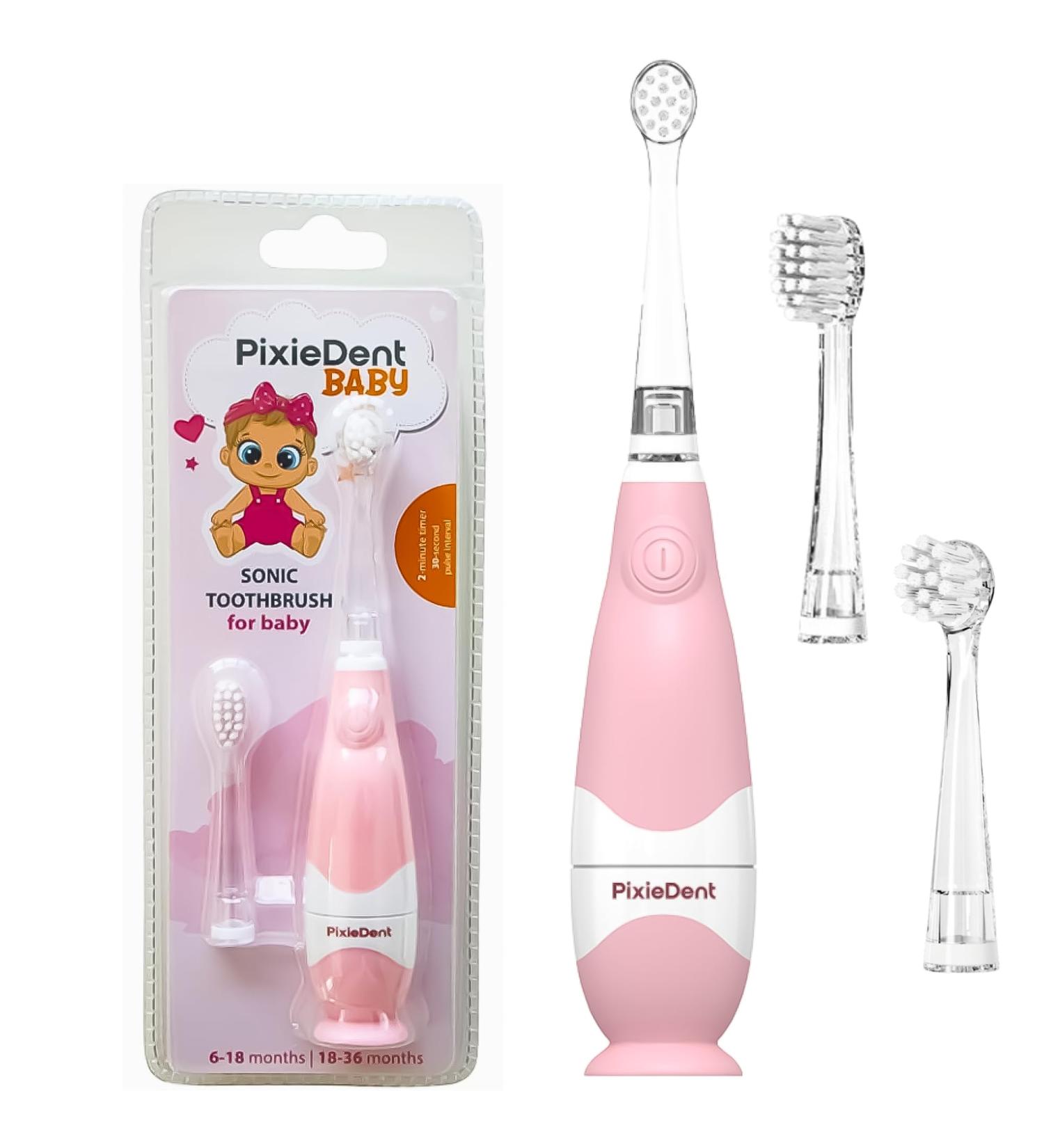 Pixiedent Electric Toothbrush for Children Ultrasound & Sound 2 Replacement Brushes Timer Gentle Bristles LED - Perfect for Ages 0-3 (White & Pink) - Buy Online on GoSupps.com
