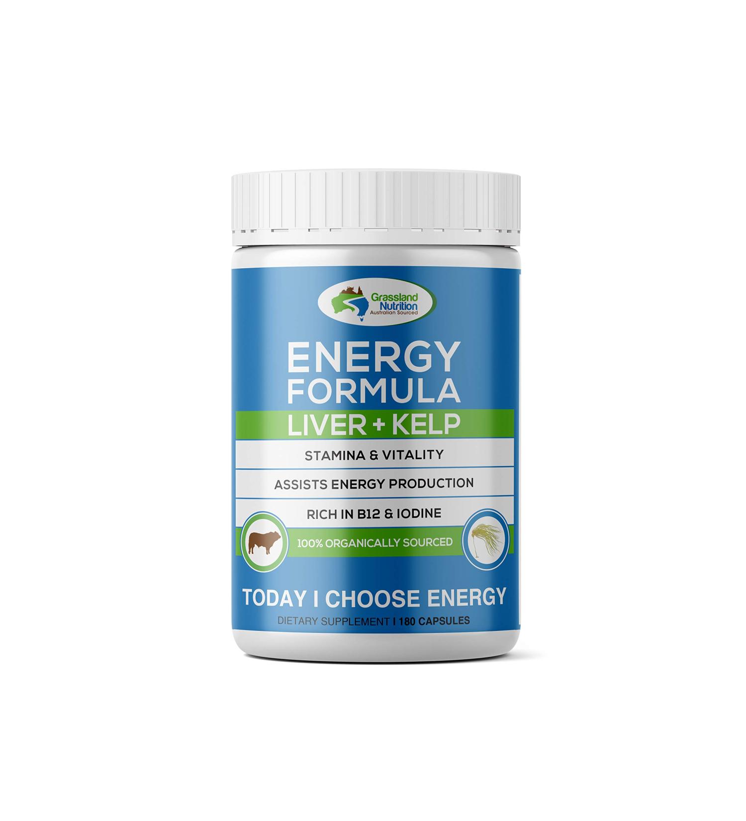 Organic Grass Fed Beef Liver & Wild Harvested Kelp Capsules - Natural Energy Formula with B12, Iodine, Iron & Vitamin A (180 ct) - Halal Sourced - Buy Online on GoSupps.com