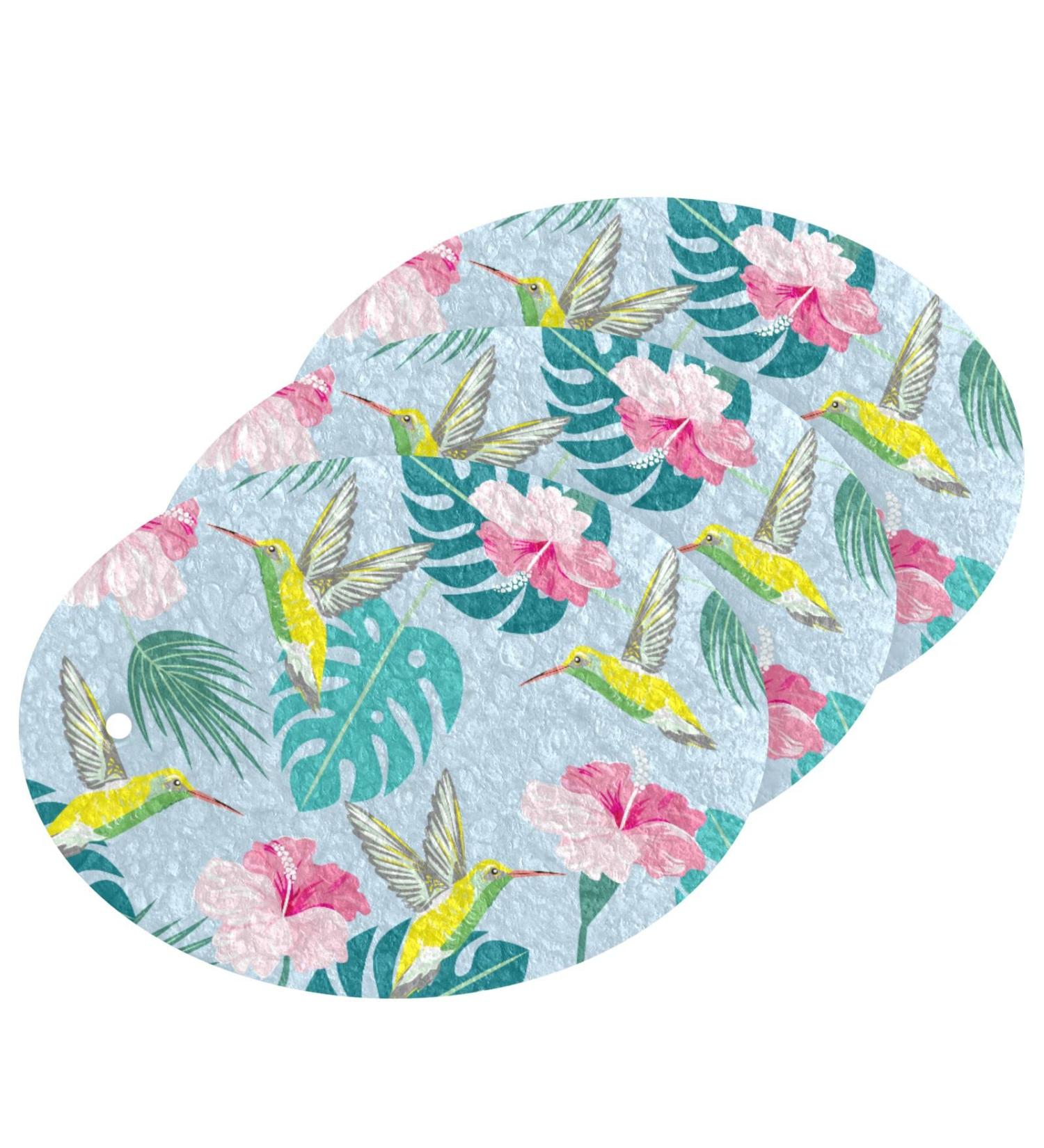 3-Pack Cleaning Kitchen Sponges Oval Tropical Flowers and Leaves Kitchen Cellulose Dishwashing Wood Pulp Cotton - Buy Online on GoSupps.com